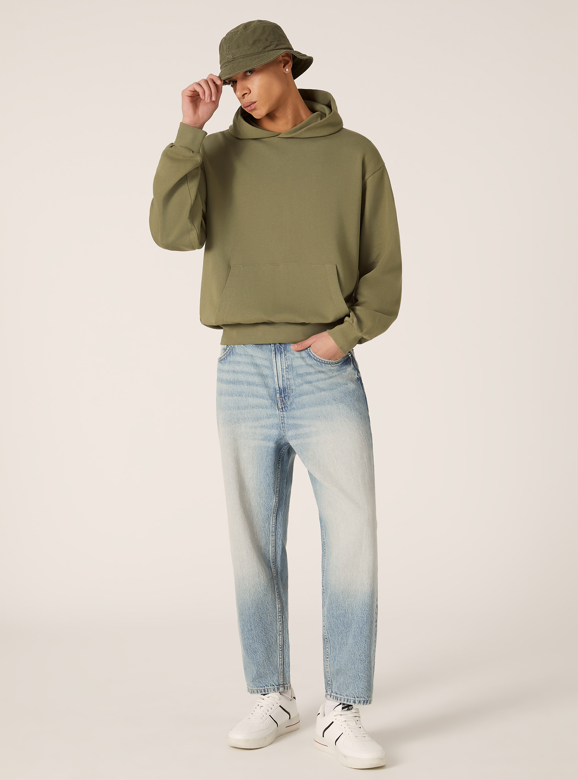 Boxy Fit Hooded Sweatshirt, KY2 KAKY MEDIUM