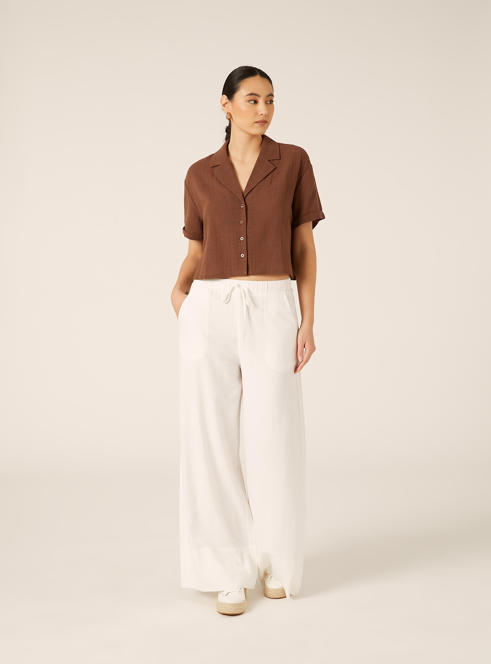 Camicia maniche corte crop, BR2 BROWN MEDIUM