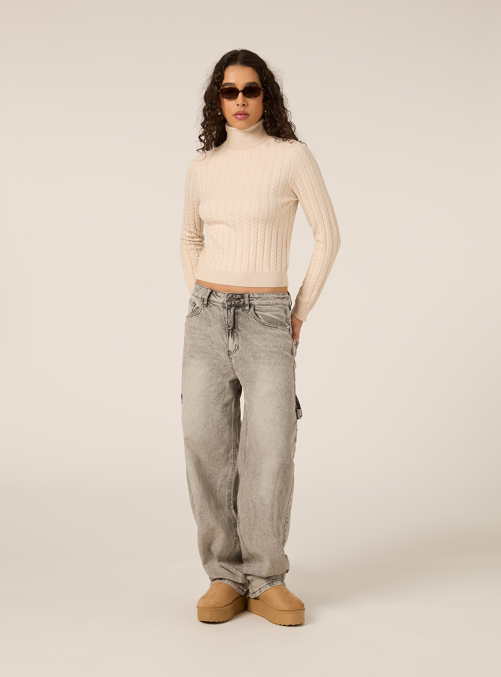 Maglia collo alto a trecce, MCR2 CREAM MEL MED