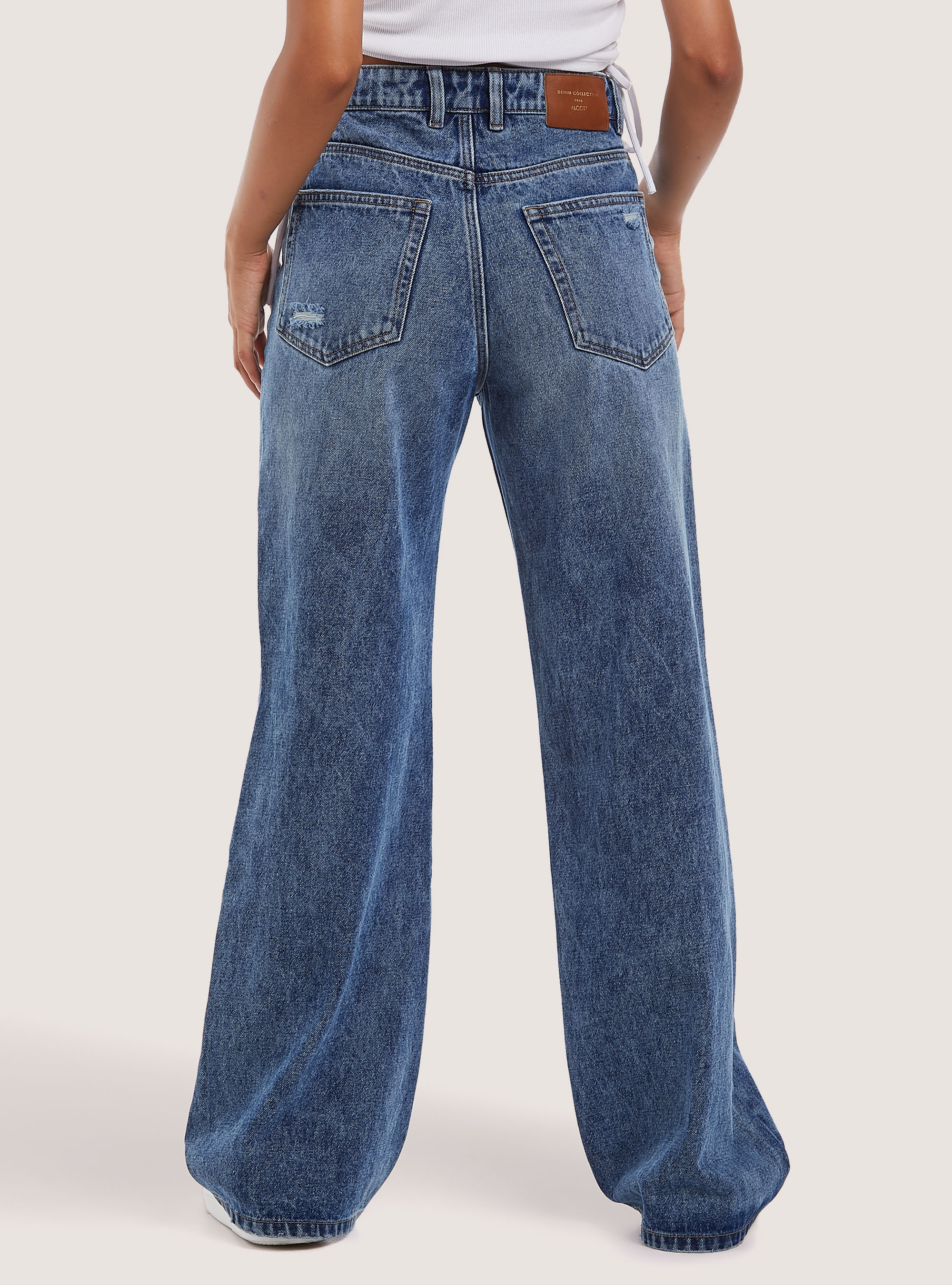 Jeans en coton &agrave; jambe large, D003 MEDIUM BLUE