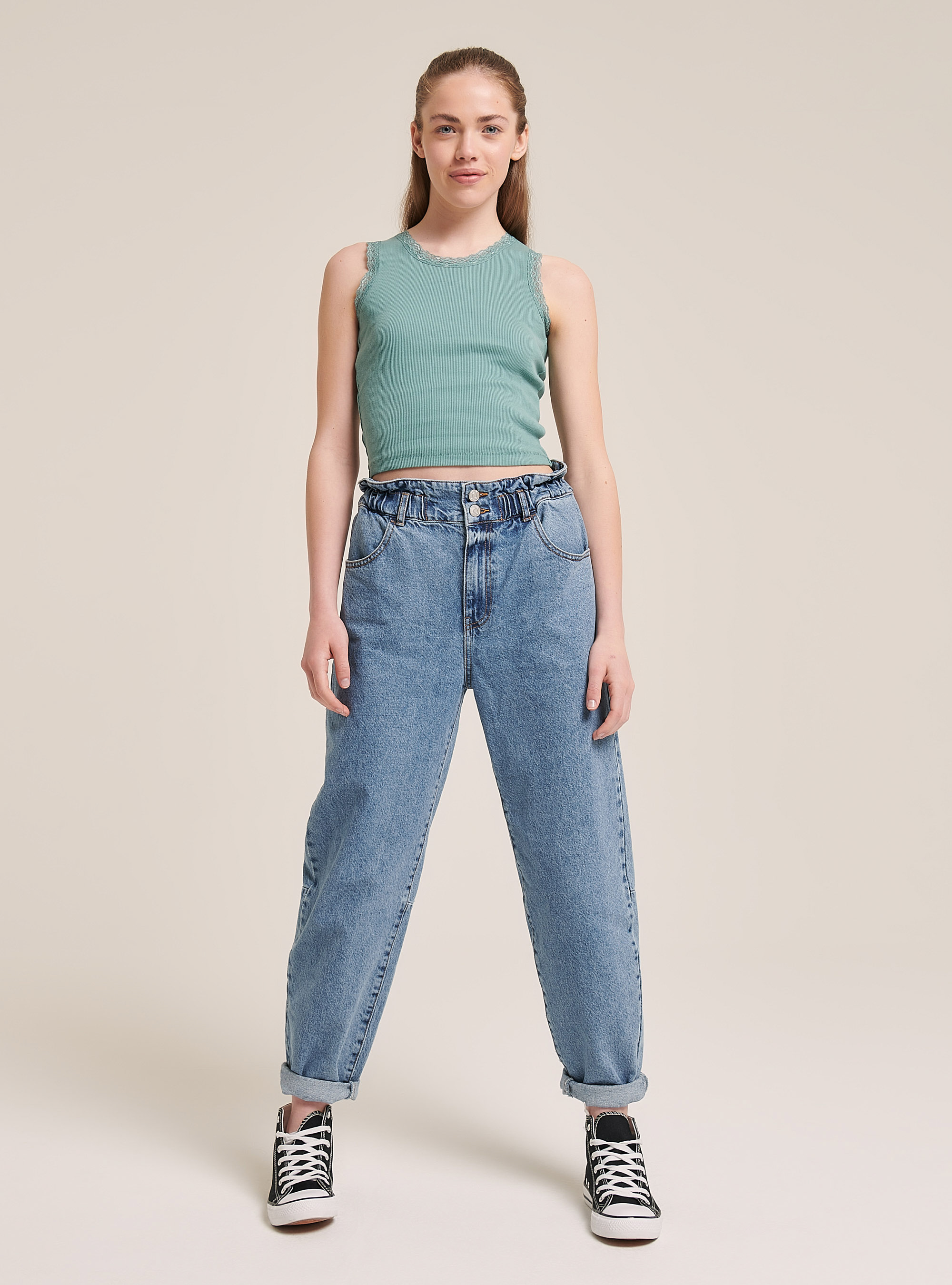 Basic cotton tank top with lace trim, C6595 GREEN.