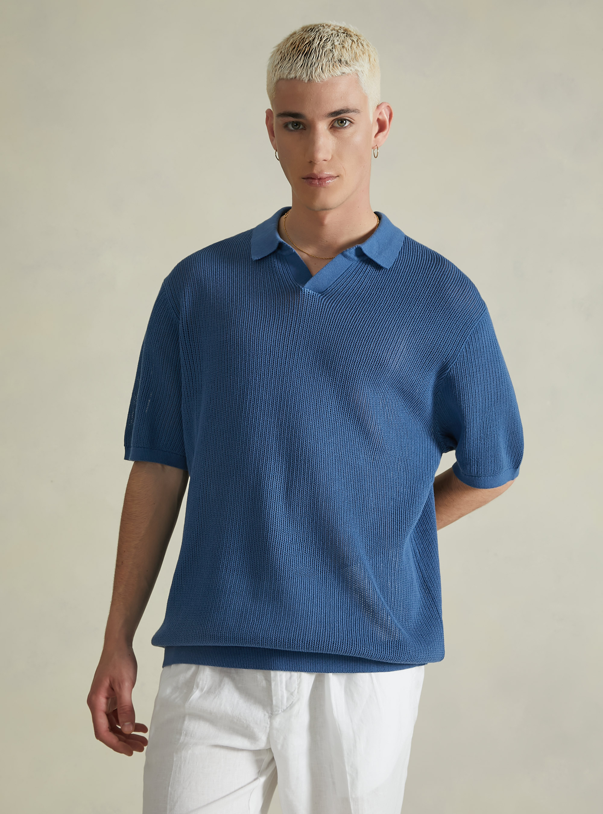 Pull perforé avec col polo, BL2 BLUE MEDIUM