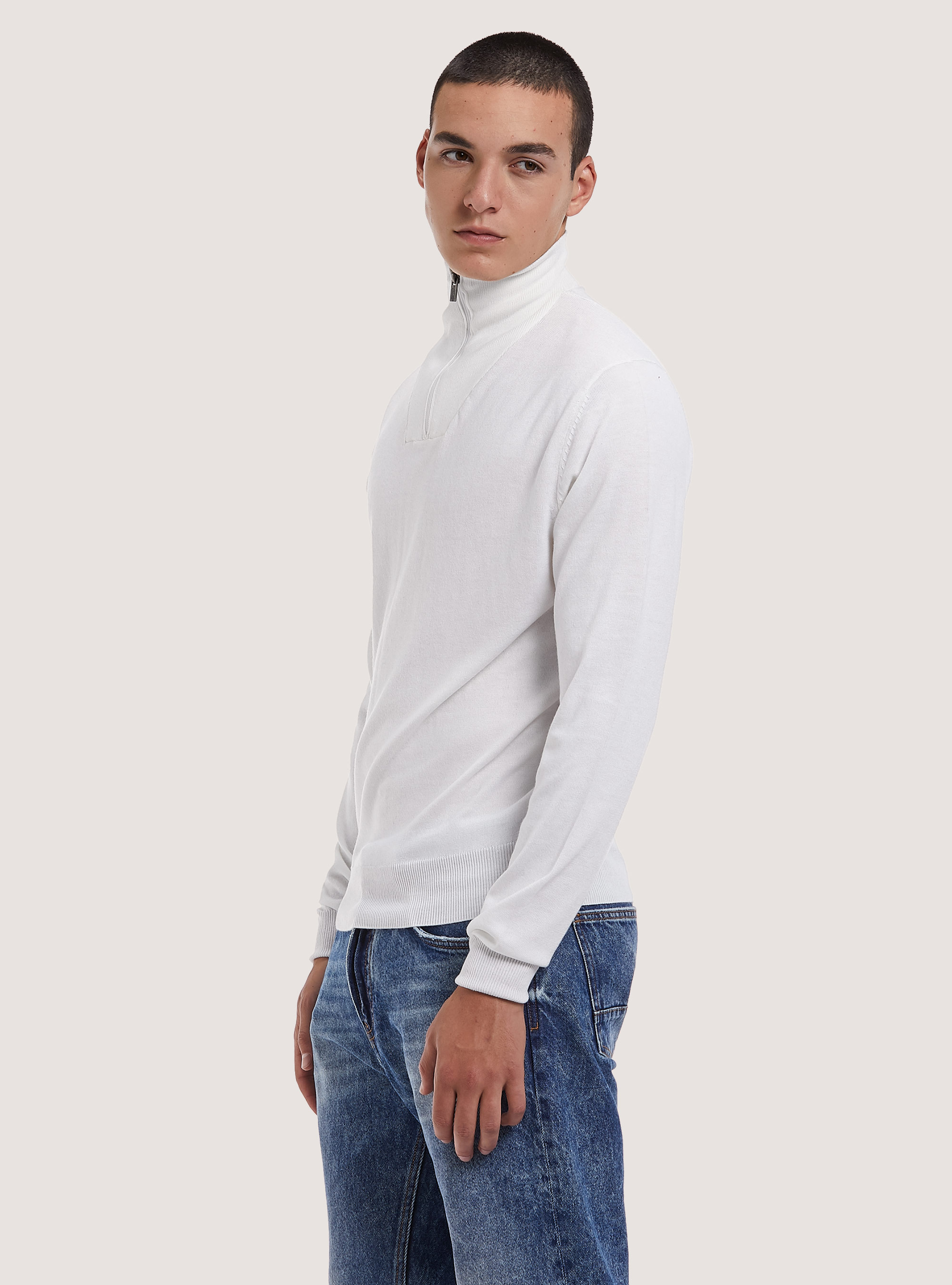 Pull demi-cou en laine mérinos avec fermeture éclair, WH2 WHITE