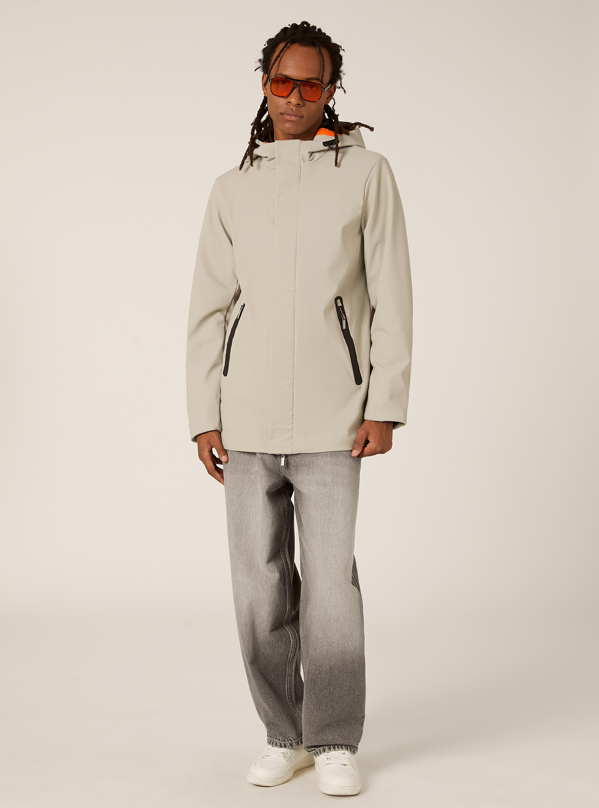 Technical fabric jacket with hood, CR3 CREAM LIGHT