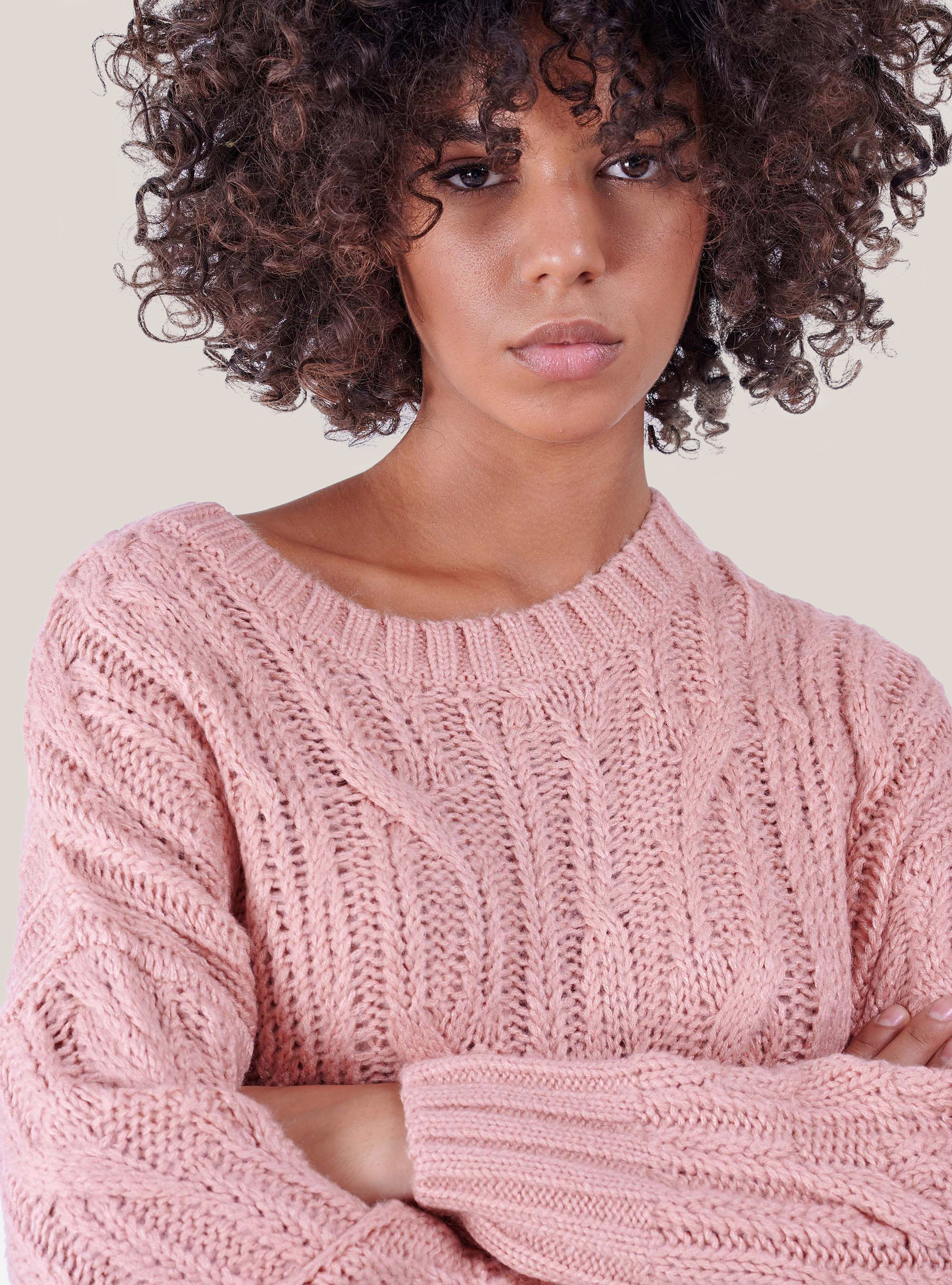 CREWNECK SWEATER  WITH BRAIDING, C501 PINK