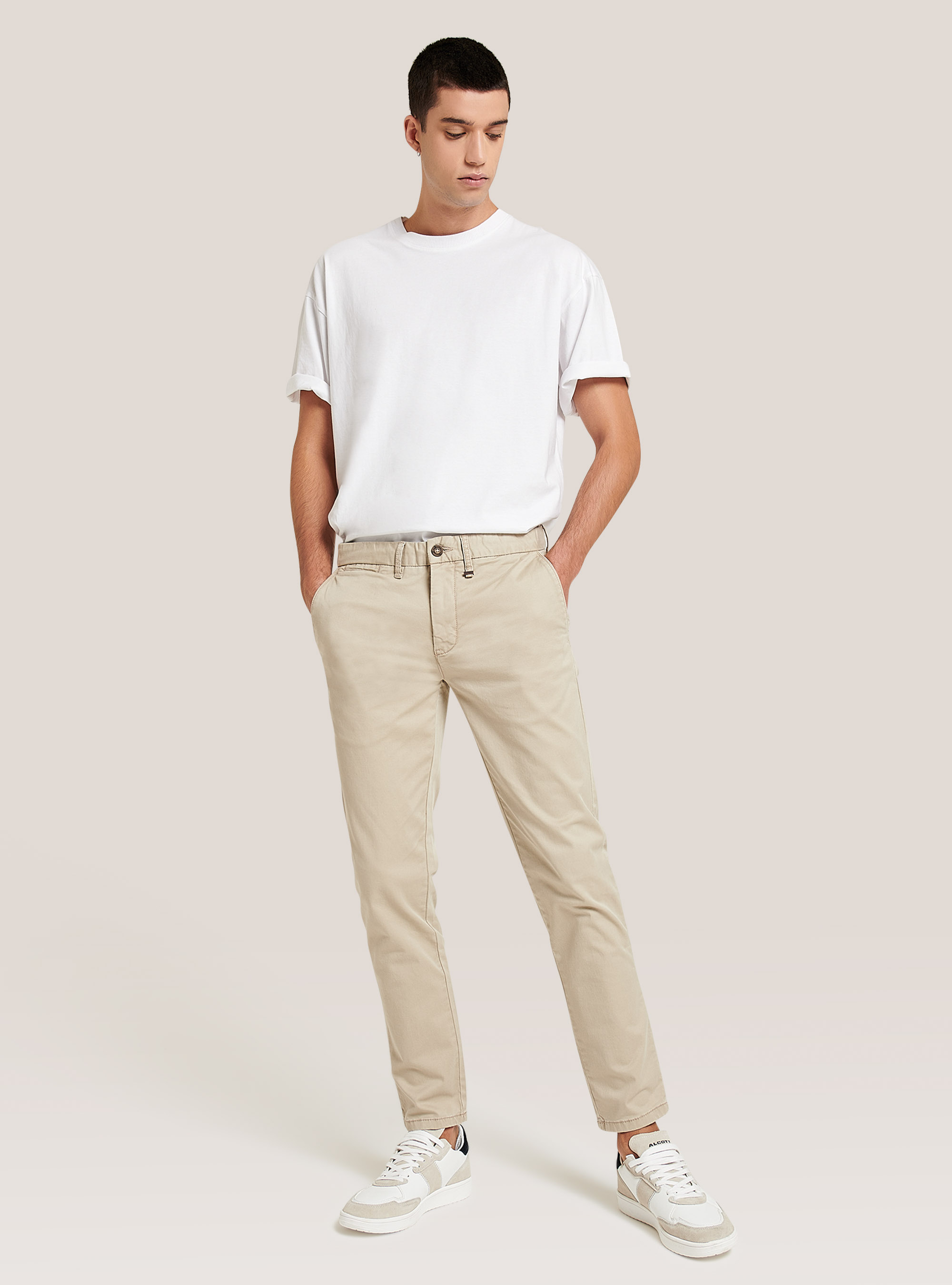 Pantalon en coton sergé stretch, C141 CREAM