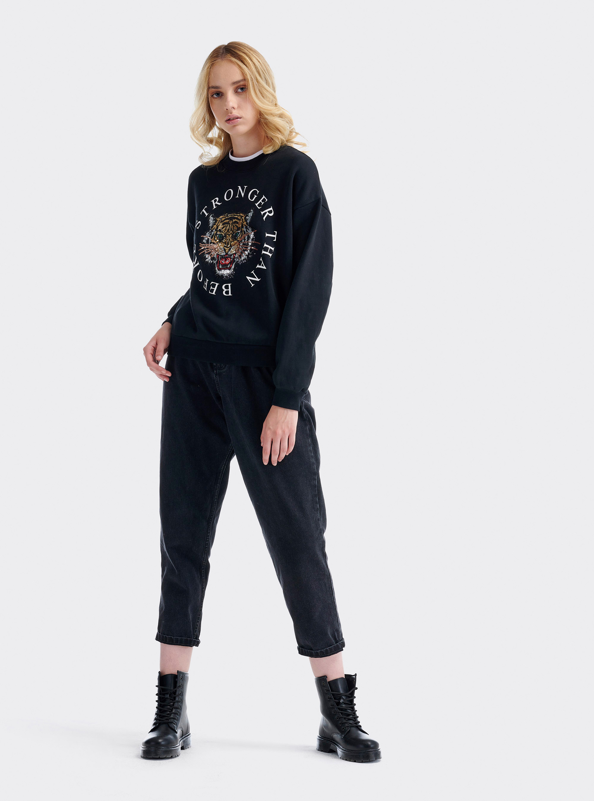 Round neck sweatshirt with sequin applications and slogans, BLACK