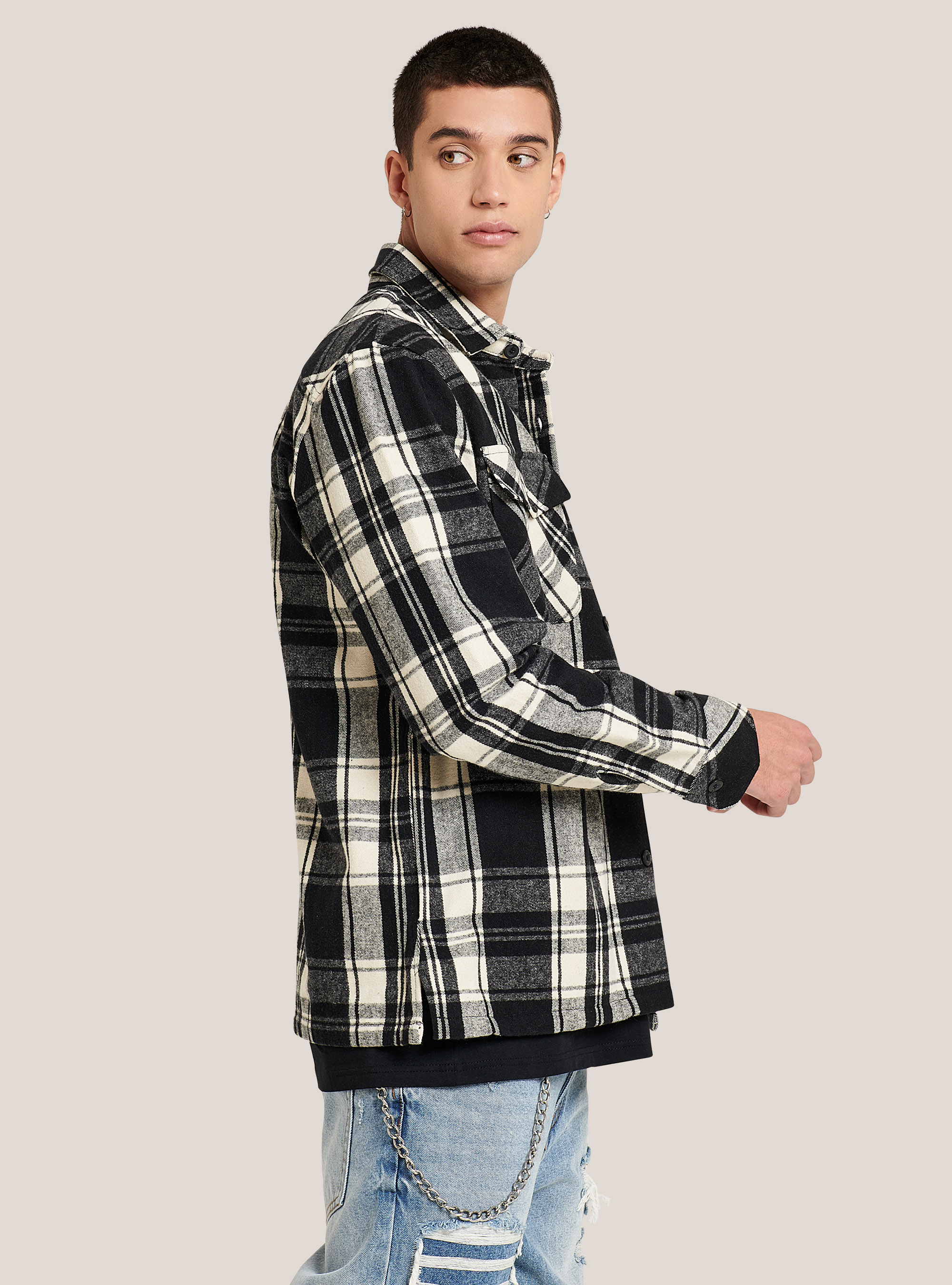 Oversized checked shirt jacket, BLACK