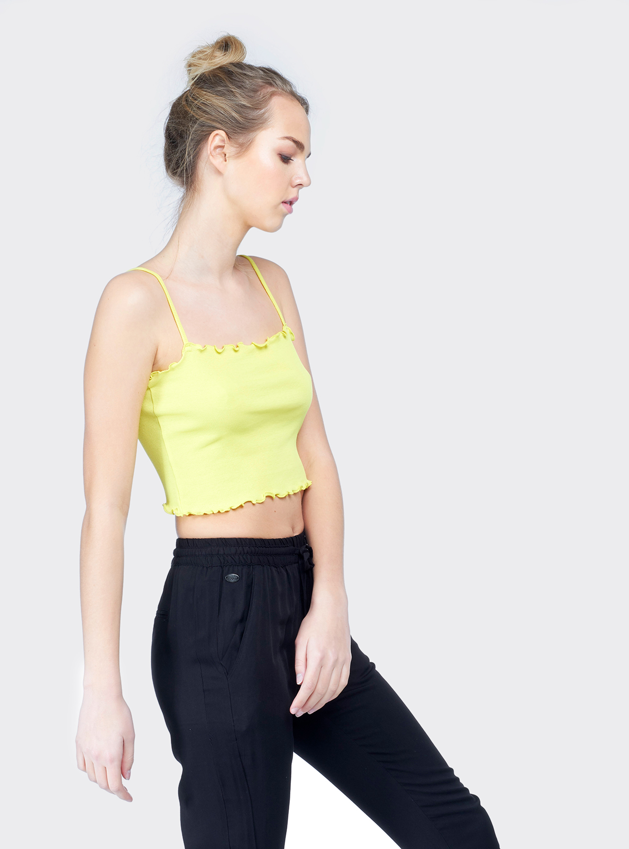 Cropped top a costina in cotone elasticizzato e rouche, C785 YELLOW