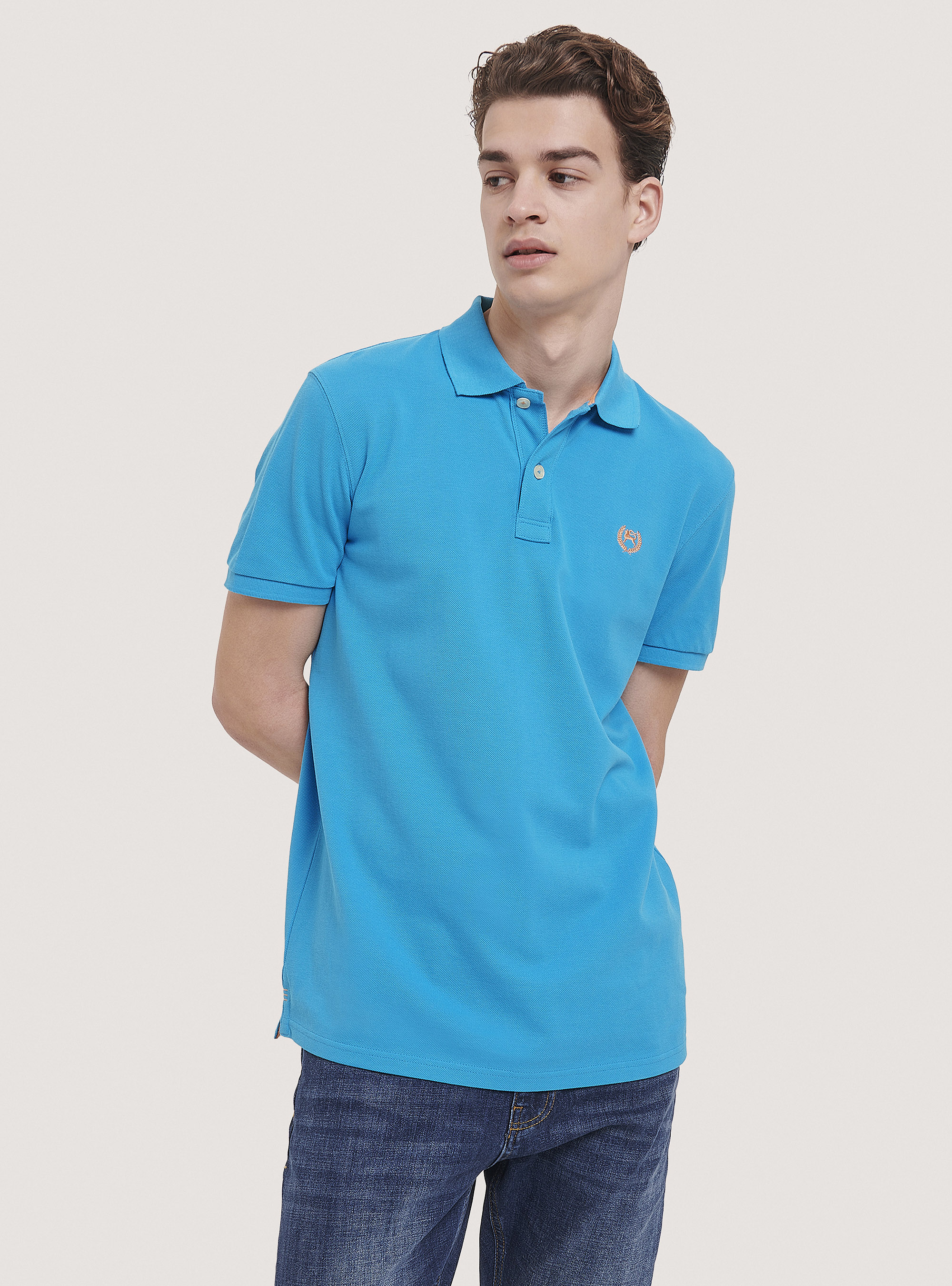 Cotton pique polo shirt with embroidery, C2330 AZZURRE