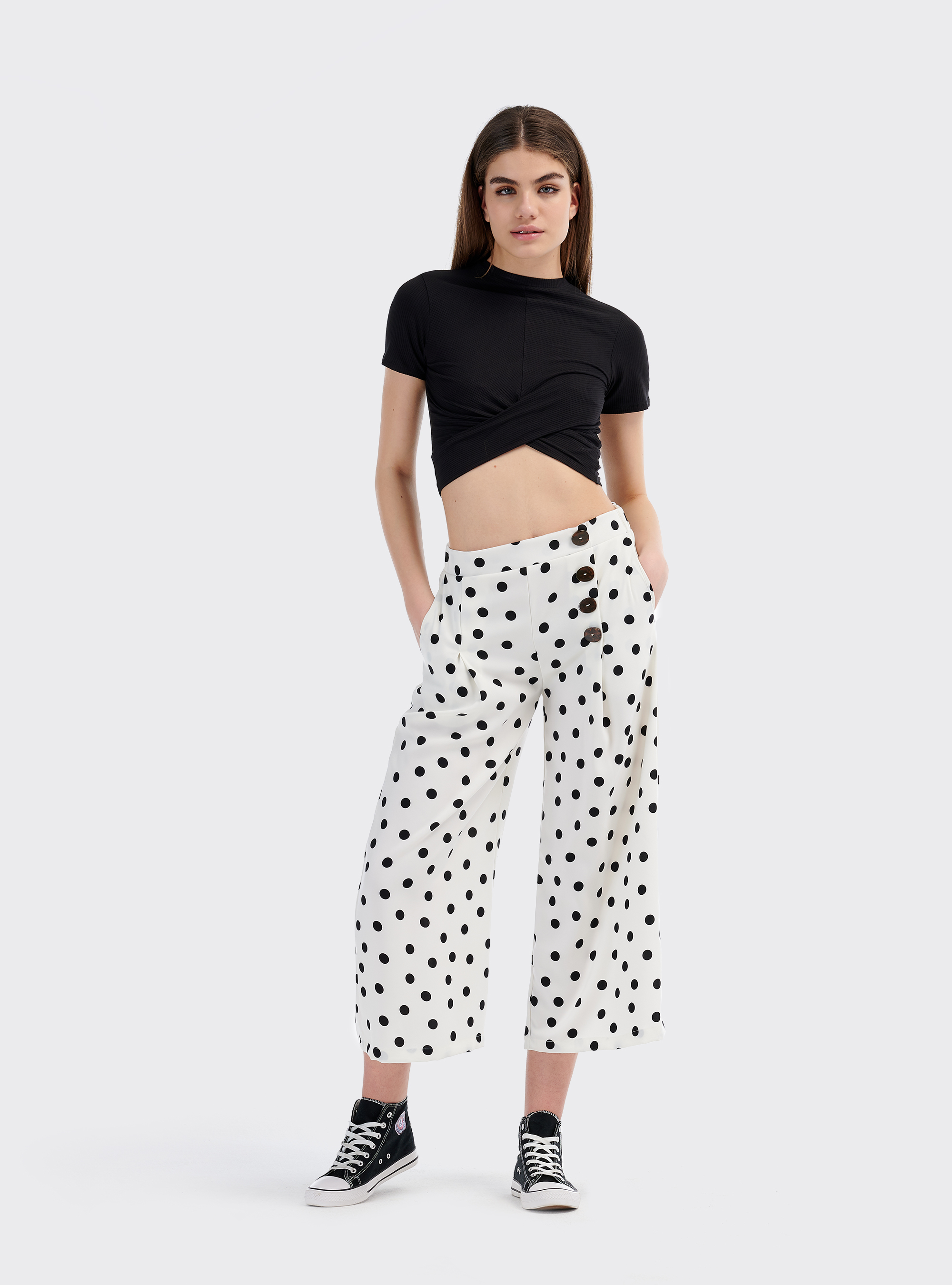 Pantalone coulotte wide leg a pois comfort fit, MULTICOLORE