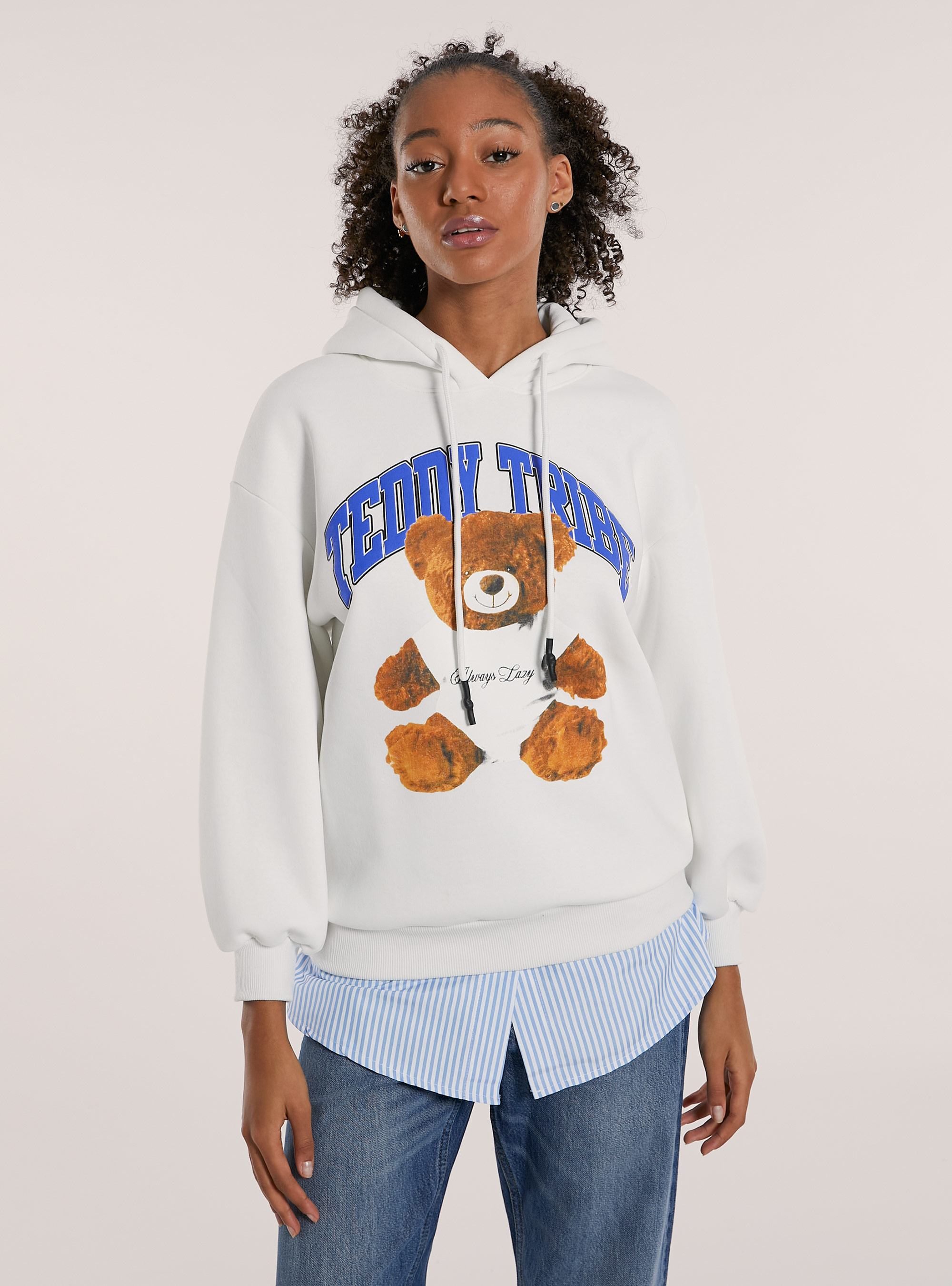 Felpa oversize con cappuccio teddy, WH2 WHITE