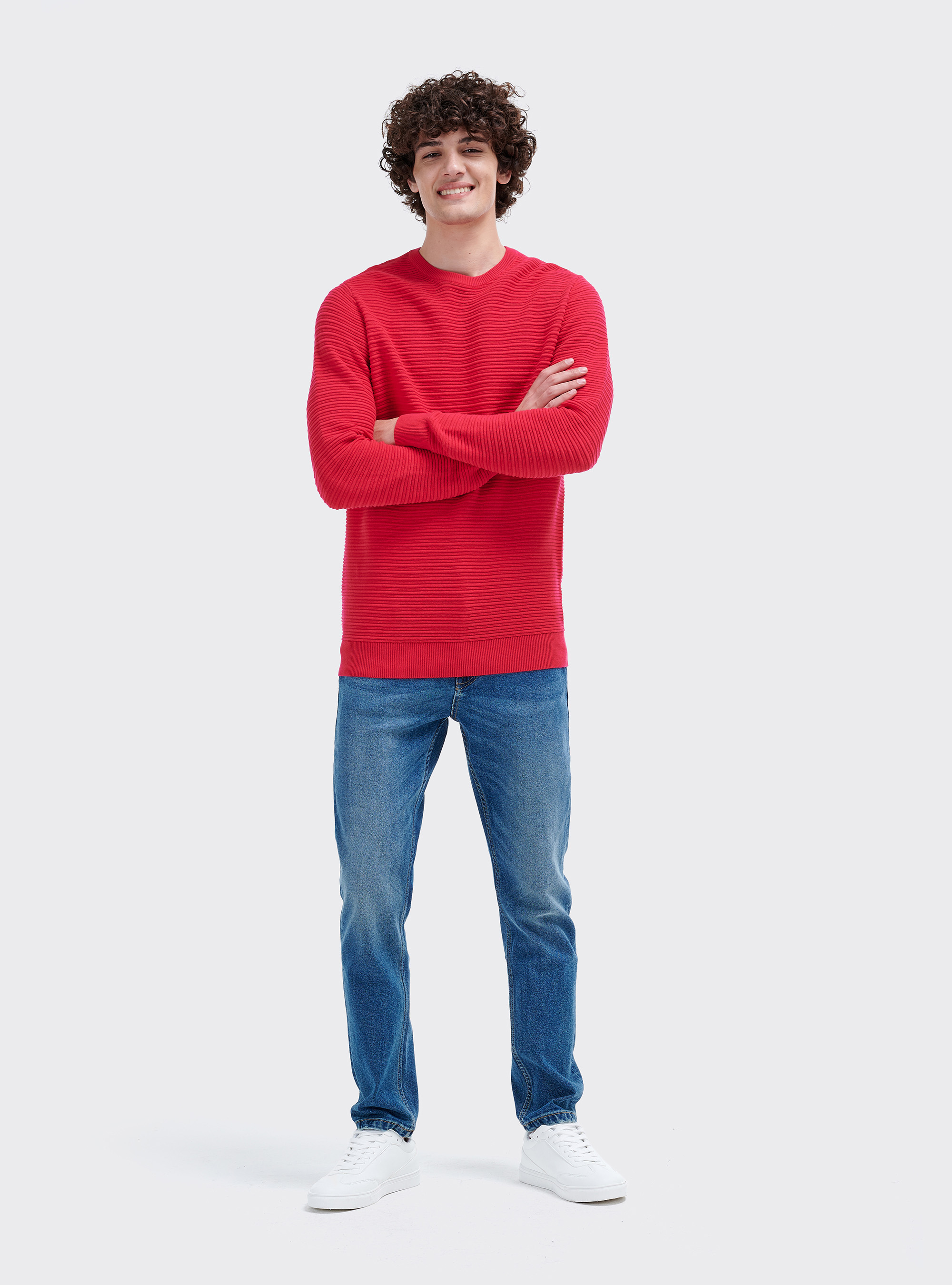 Basic Pullover mit Rundhalsausschnitt aus strukturiertem Strick, C4435 FUXIA