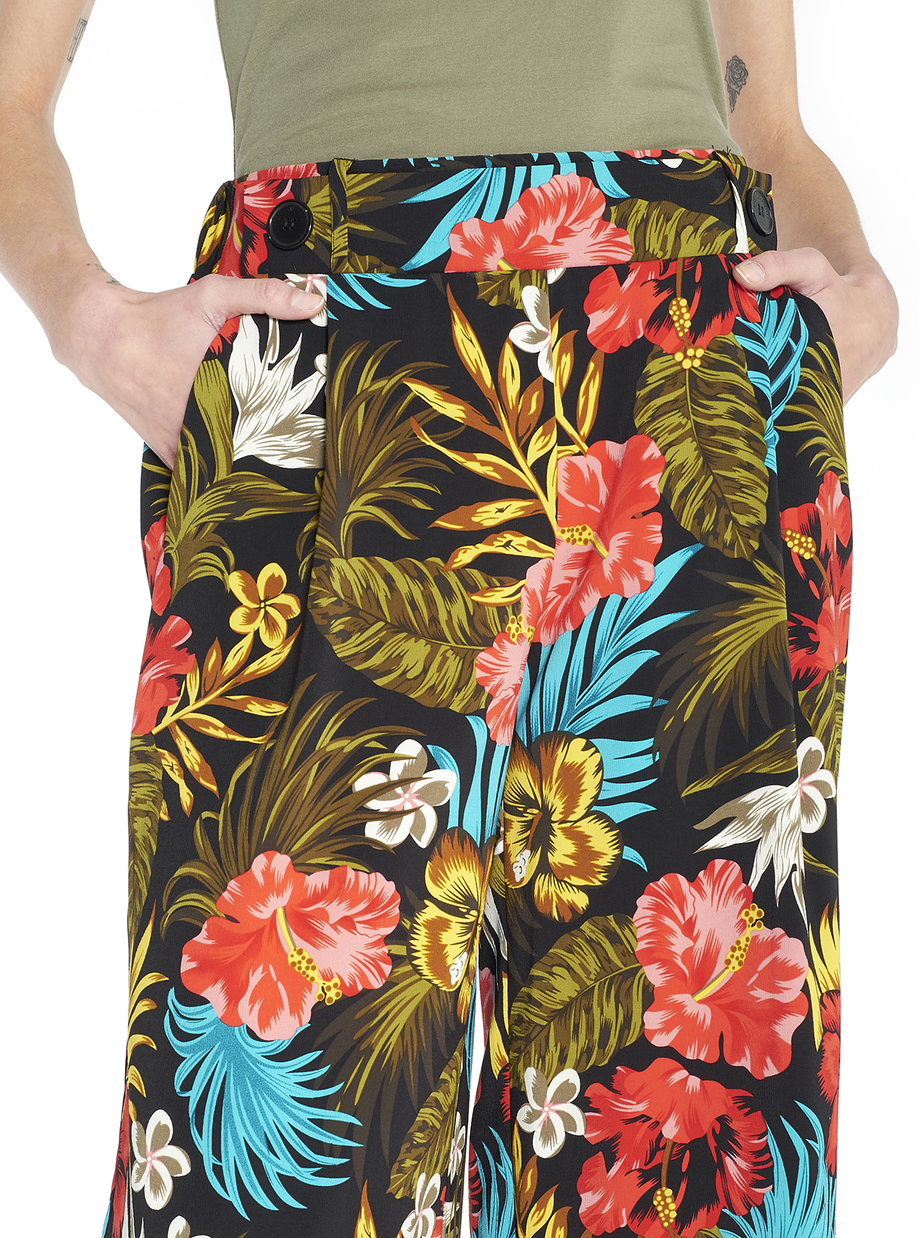 Pantalone gamba ampia vita alta e comfort fit, FL101 FLOWER BLACK