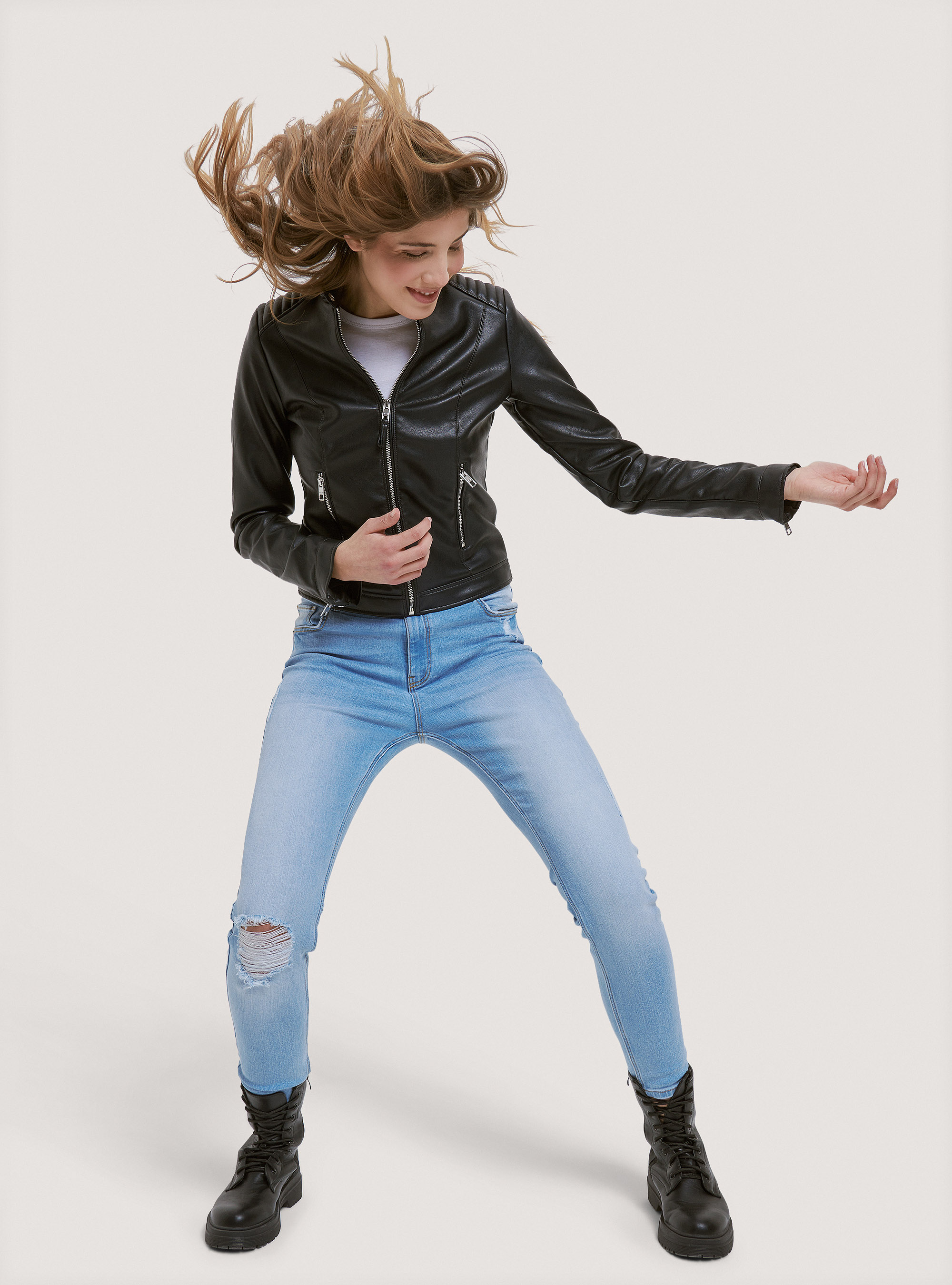 Giubbino biker effetto pelle, NERO