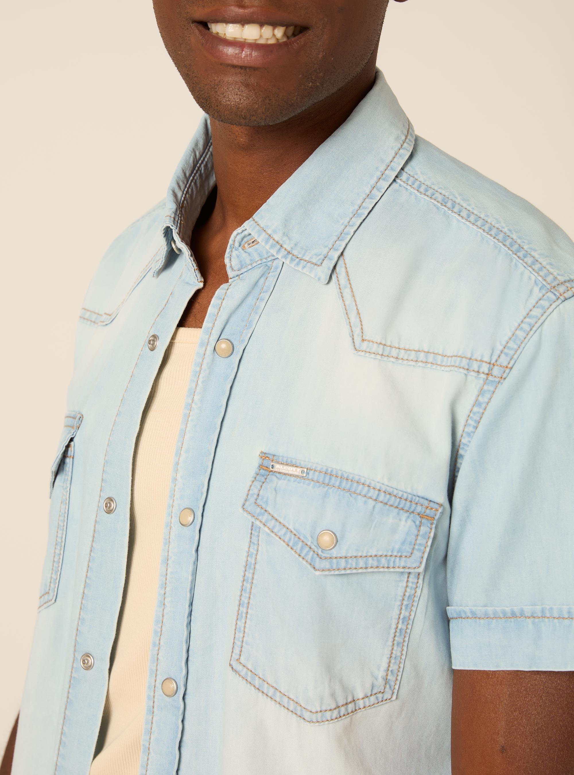 Camicia denim mezza manica, D006 AZURE