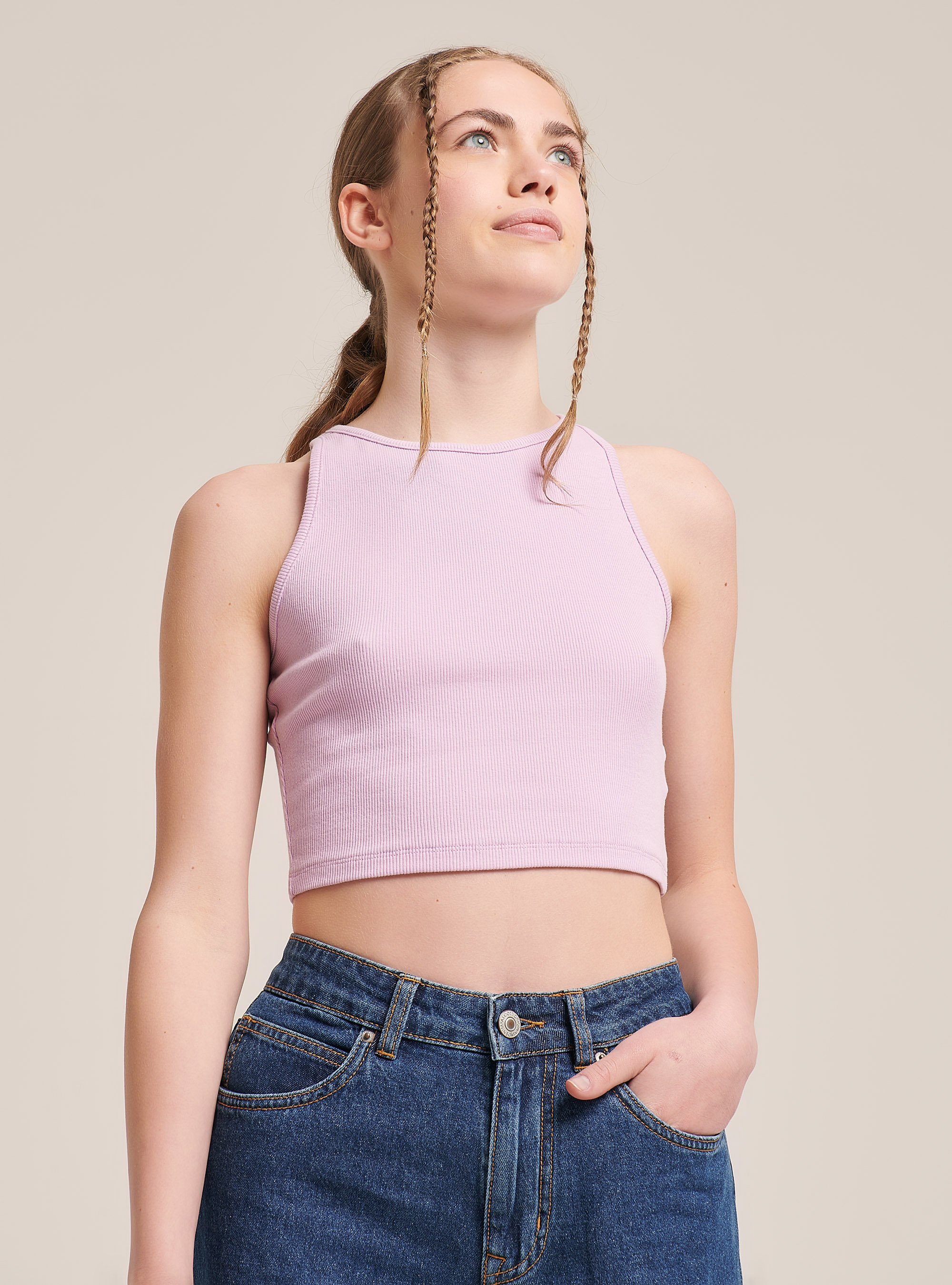 Elastic ribbed crop top in cotton, C3303 LILLAC