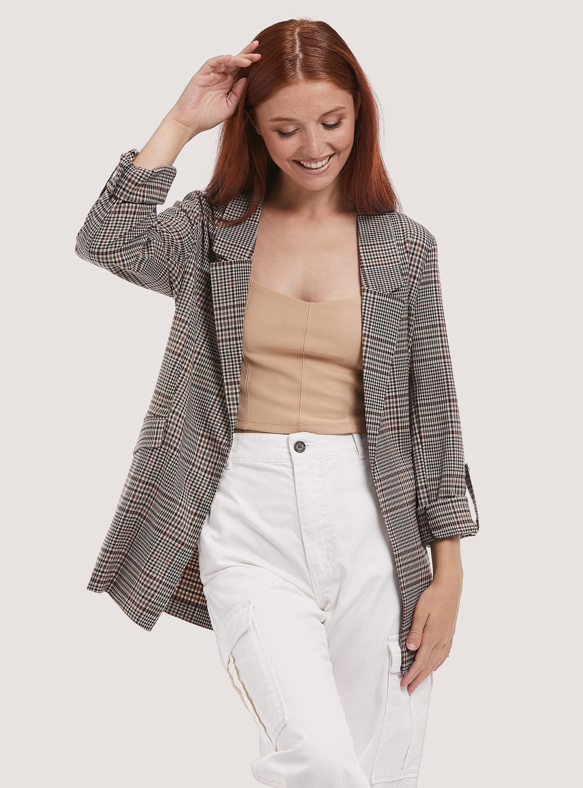 Plaid blazer with side pockets, CHECK BROWN