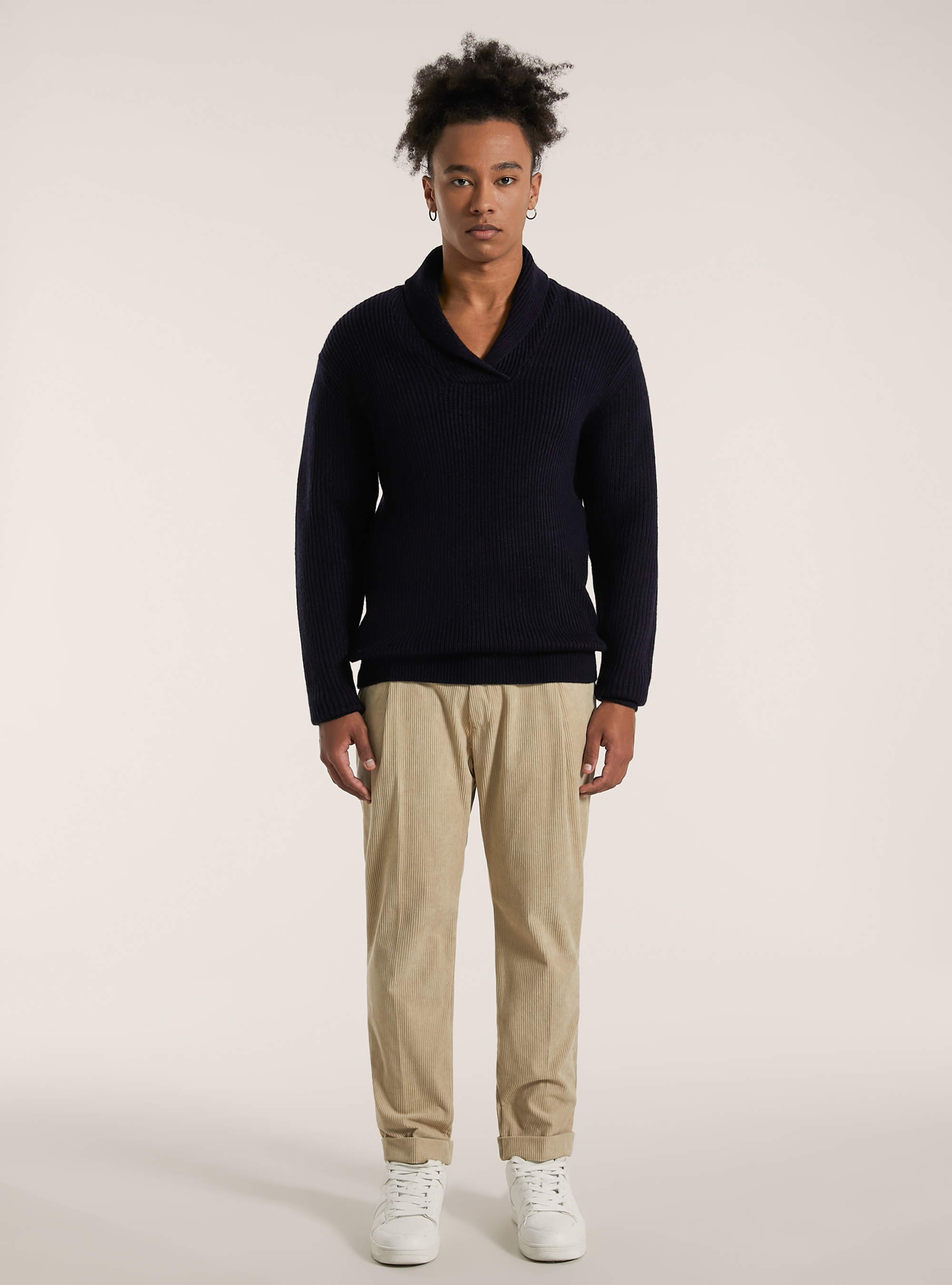 Pullover morbido a coste con colletto in rilievo, NA2 NAVY MEDIUM