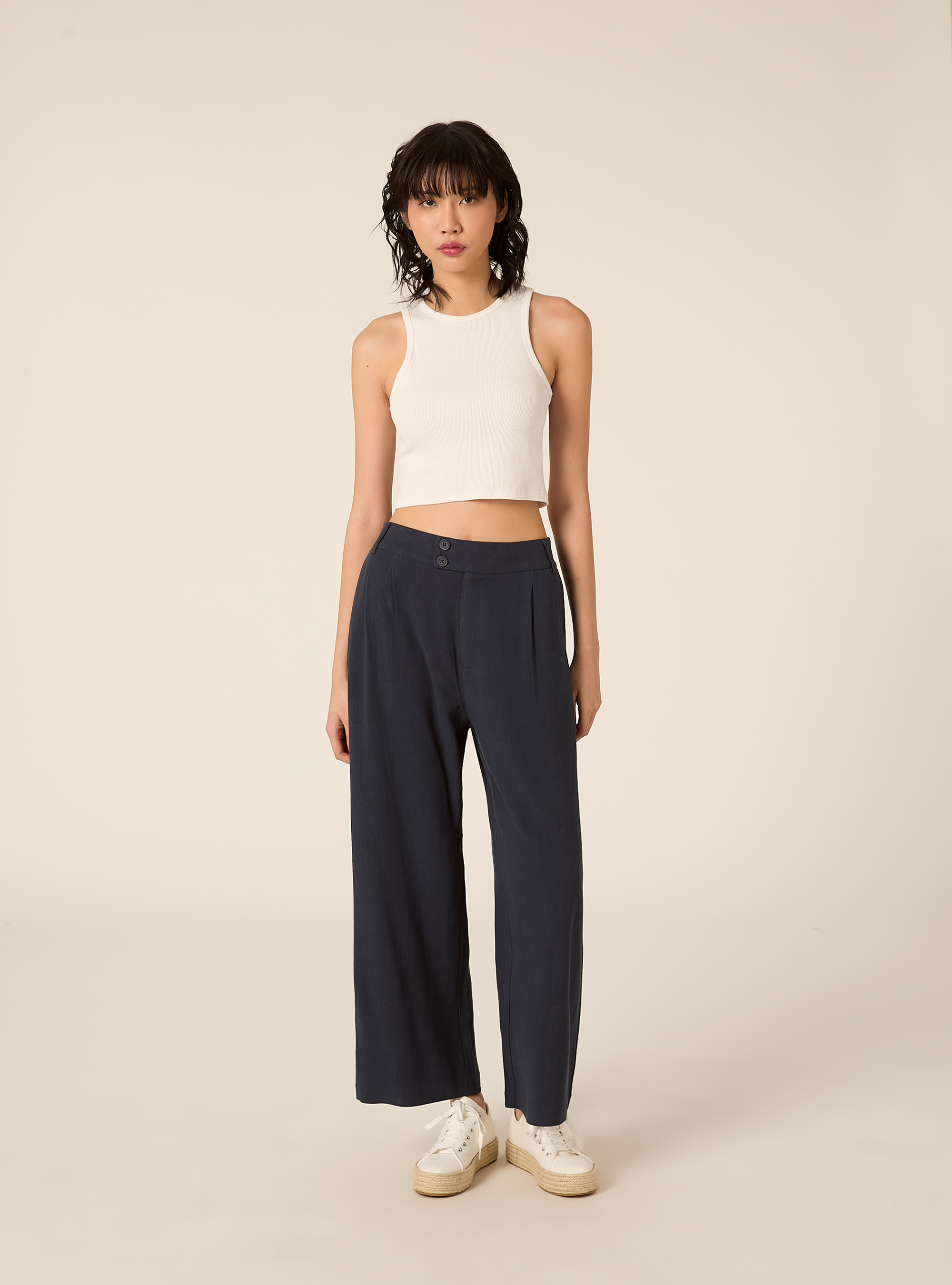 Pantaloni wide leg in misto lino, NA2 NAVY MEDIUM