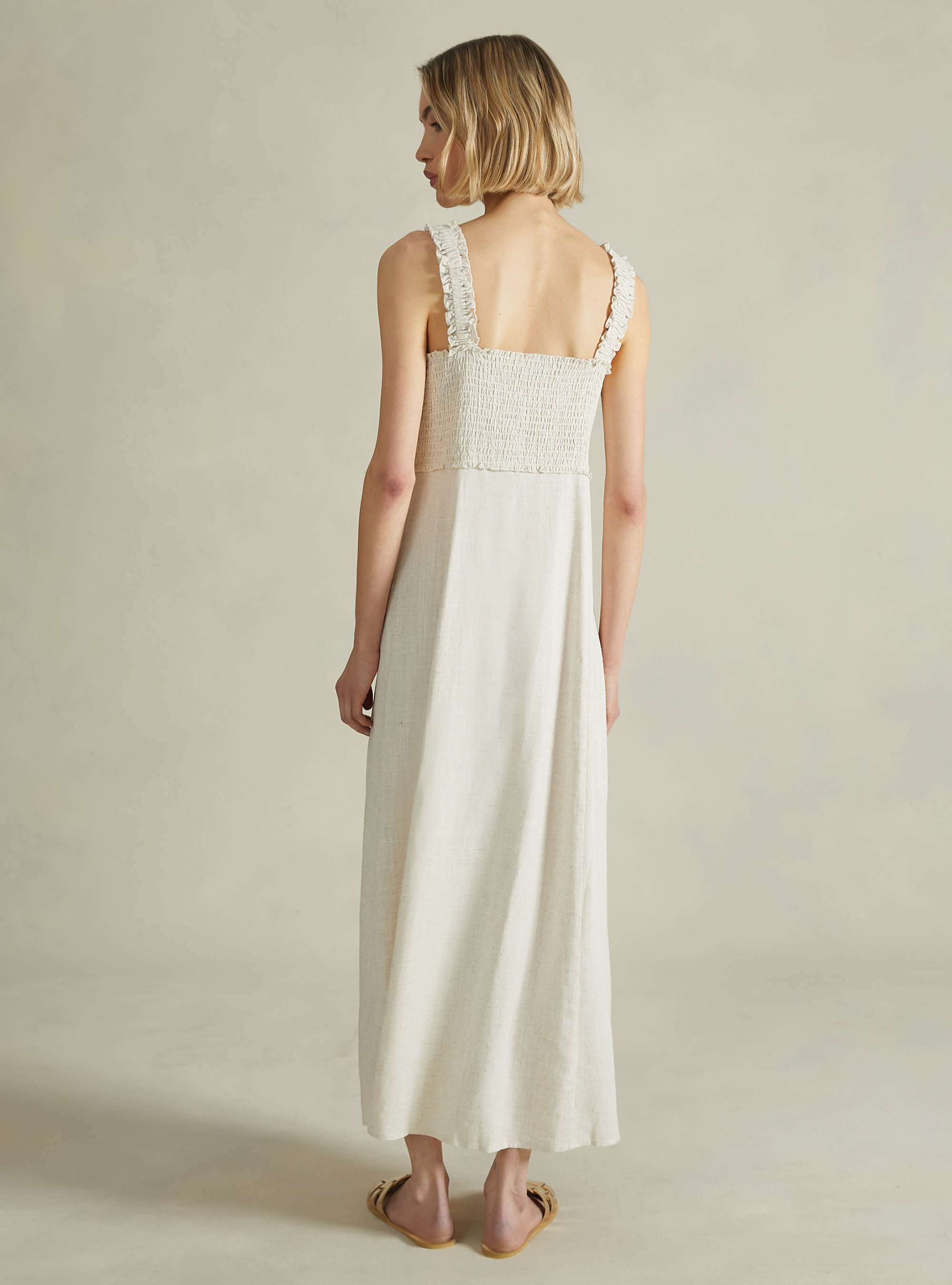 Vestito midi in misto lino, BG3 BEIGE LIGHT