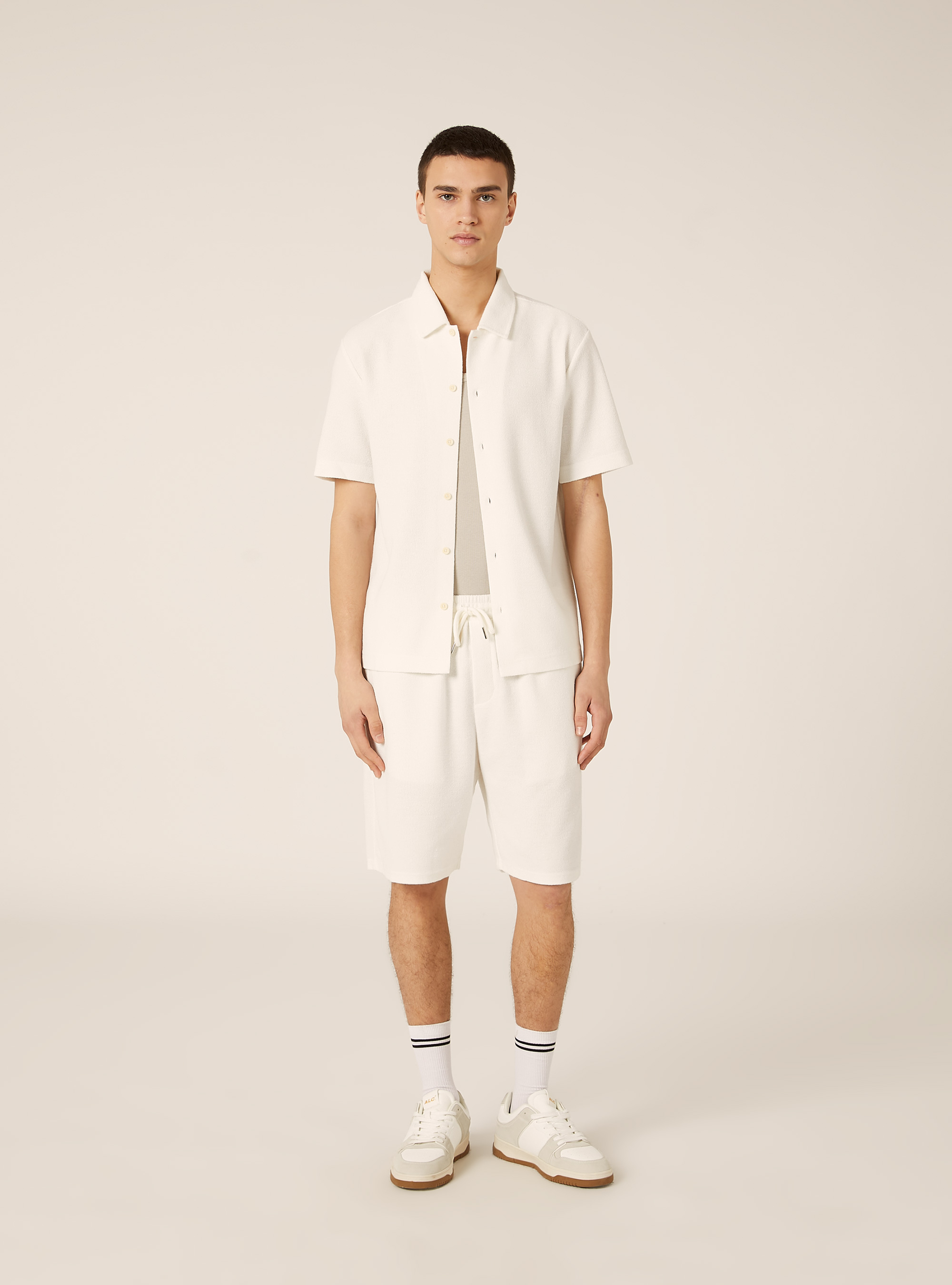 Camicia a maniche corte con texture, OFF WHITE