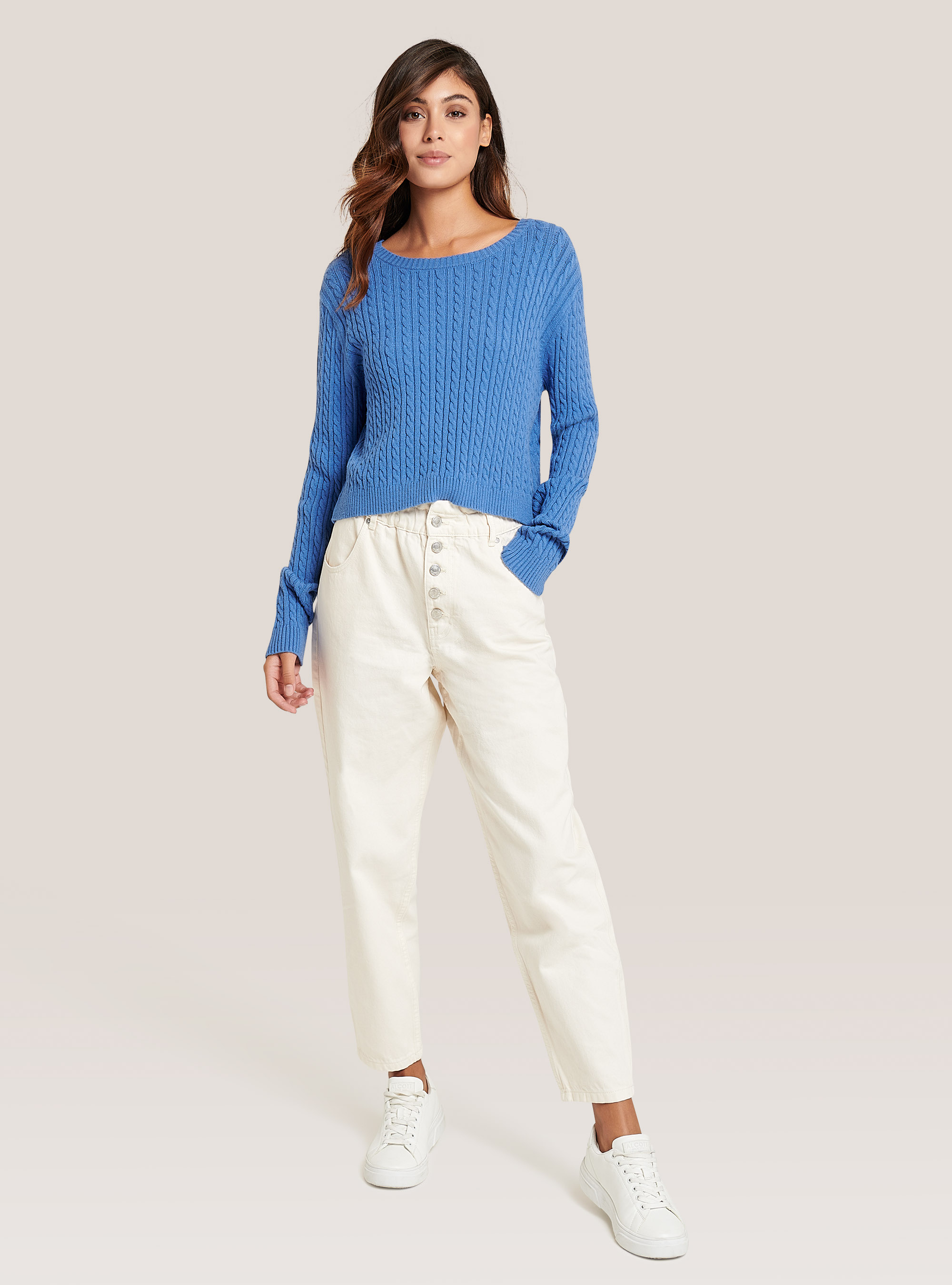 Suéter recortado con trenzas de tacto suave, C2310 TURQUOISE