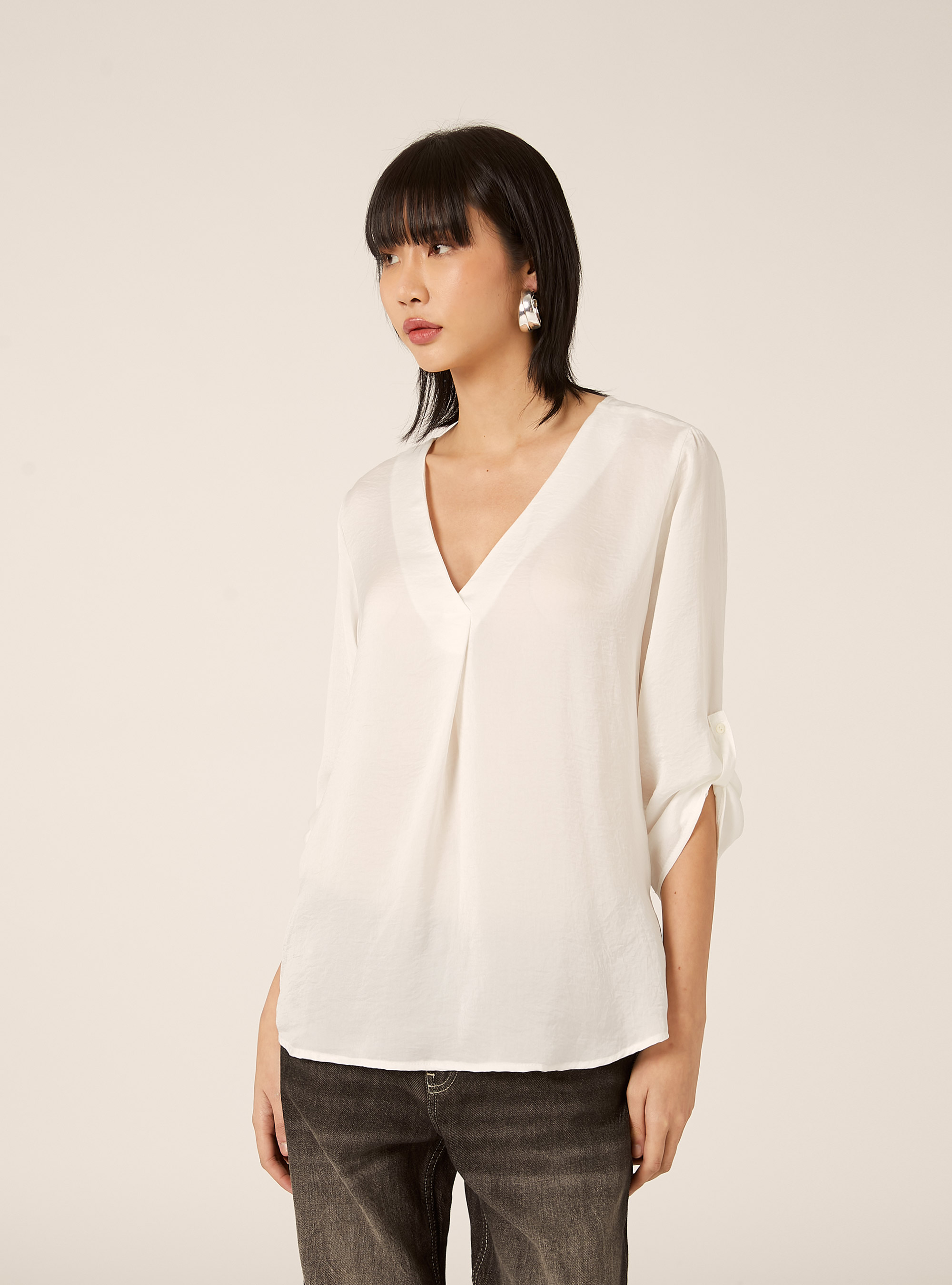 Plain neckline blouse, WH1 OFF WHITE