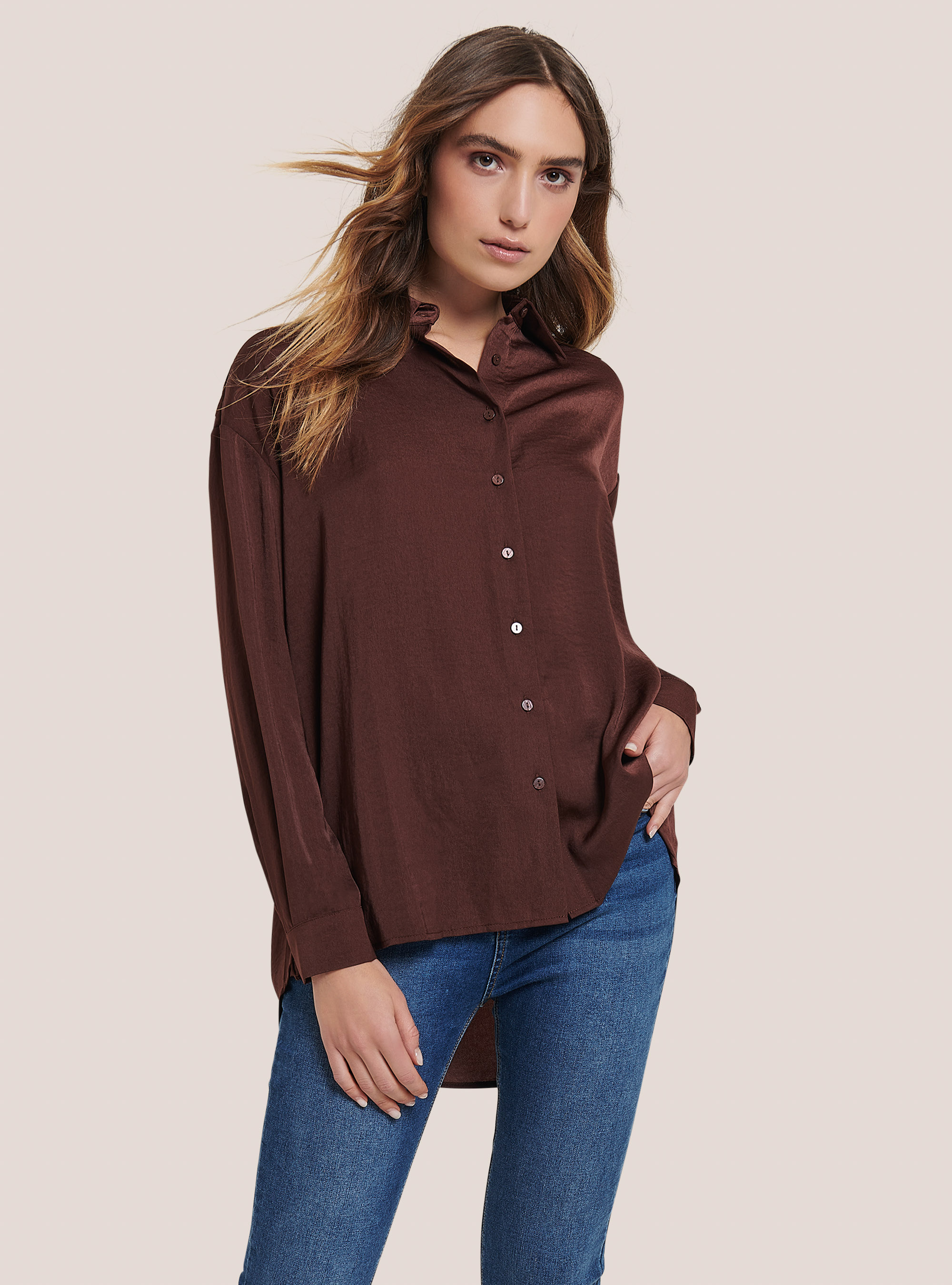 Satin shirt, C5610 BROWN