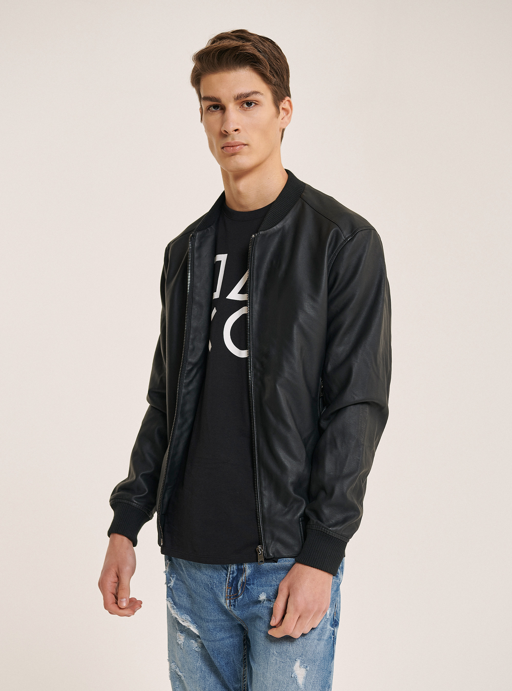 Faux leather bomber jacket, BLACK