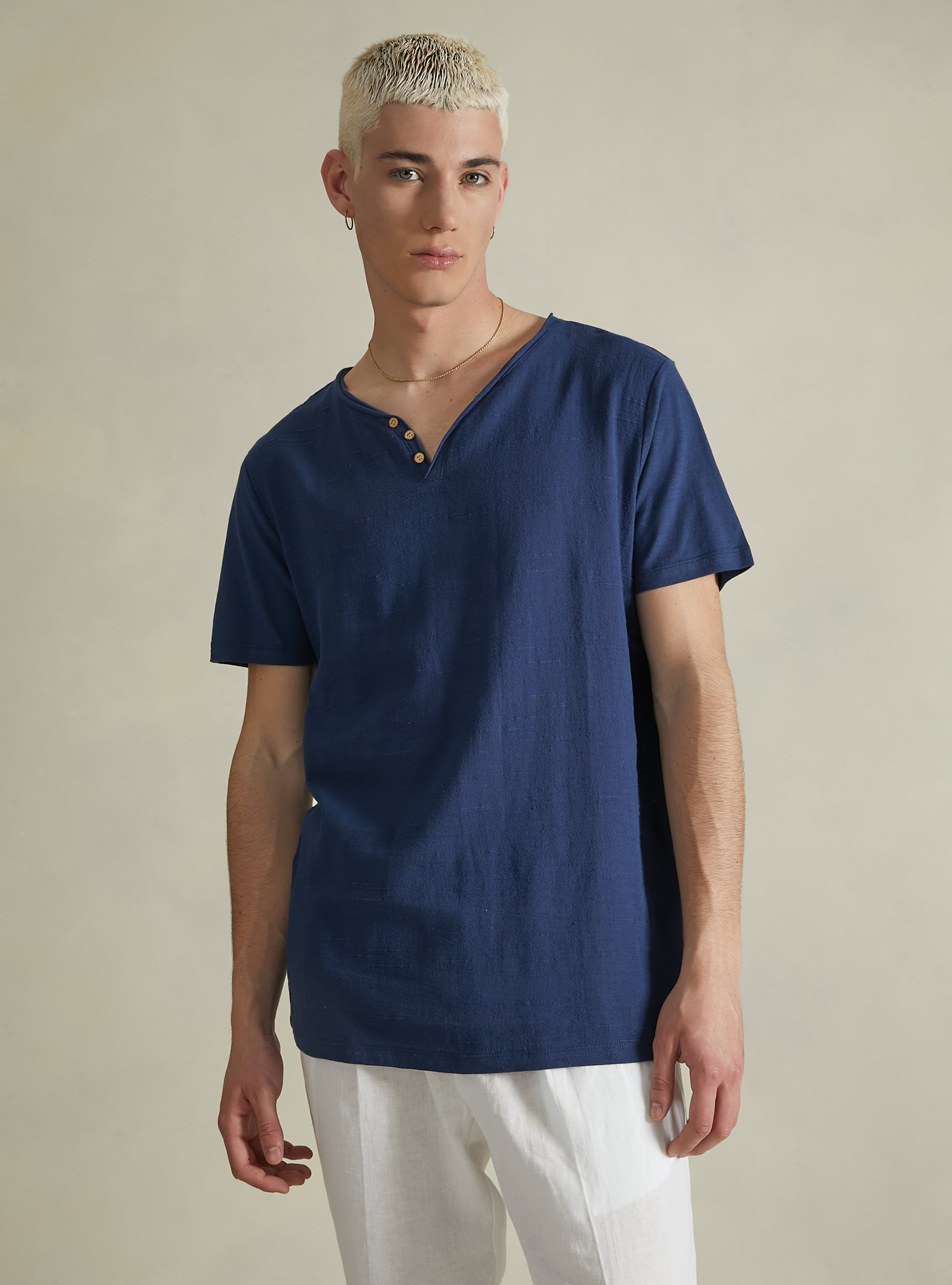Linen blend V-neck T-shirt, NA2 NAVY MEDIUM