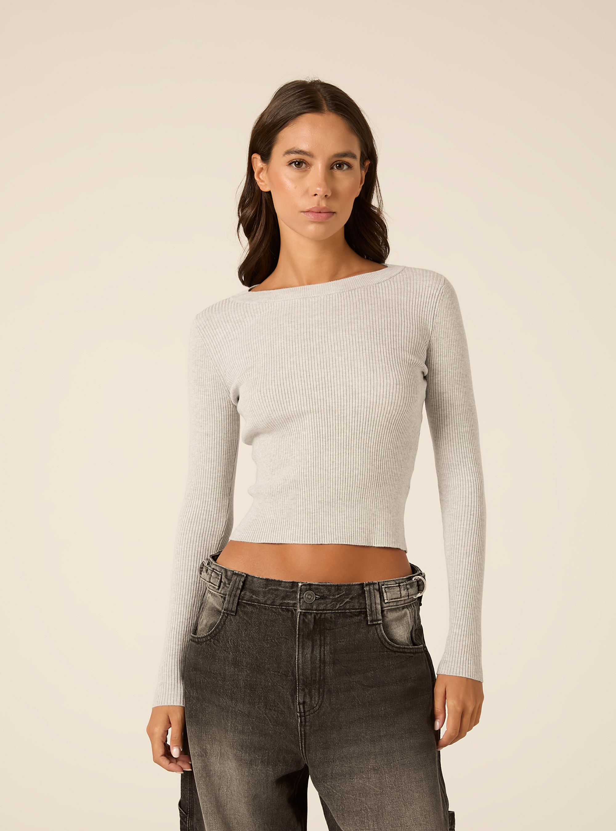 Maglia girocollo a coste, MGY2 GREY MEL MEDIUM