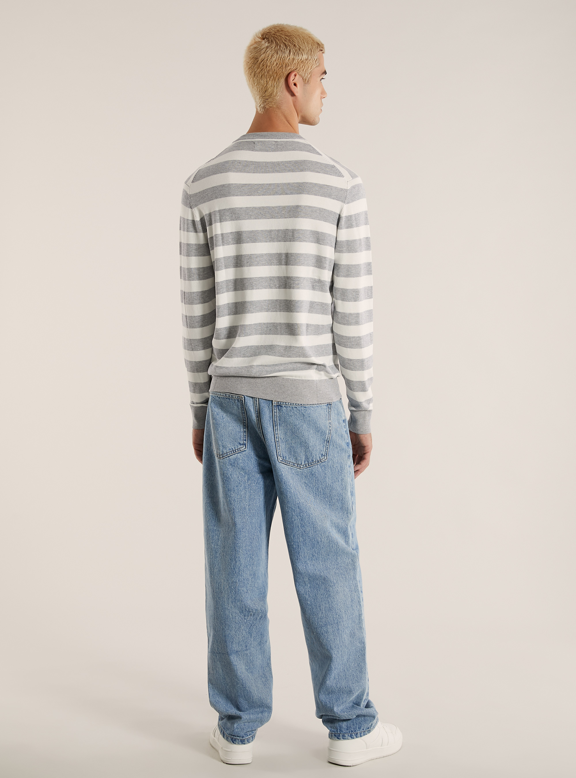 Jersey de viscosa a rayas de cuello redondo, MGY2 GREY MEL MEDIUM