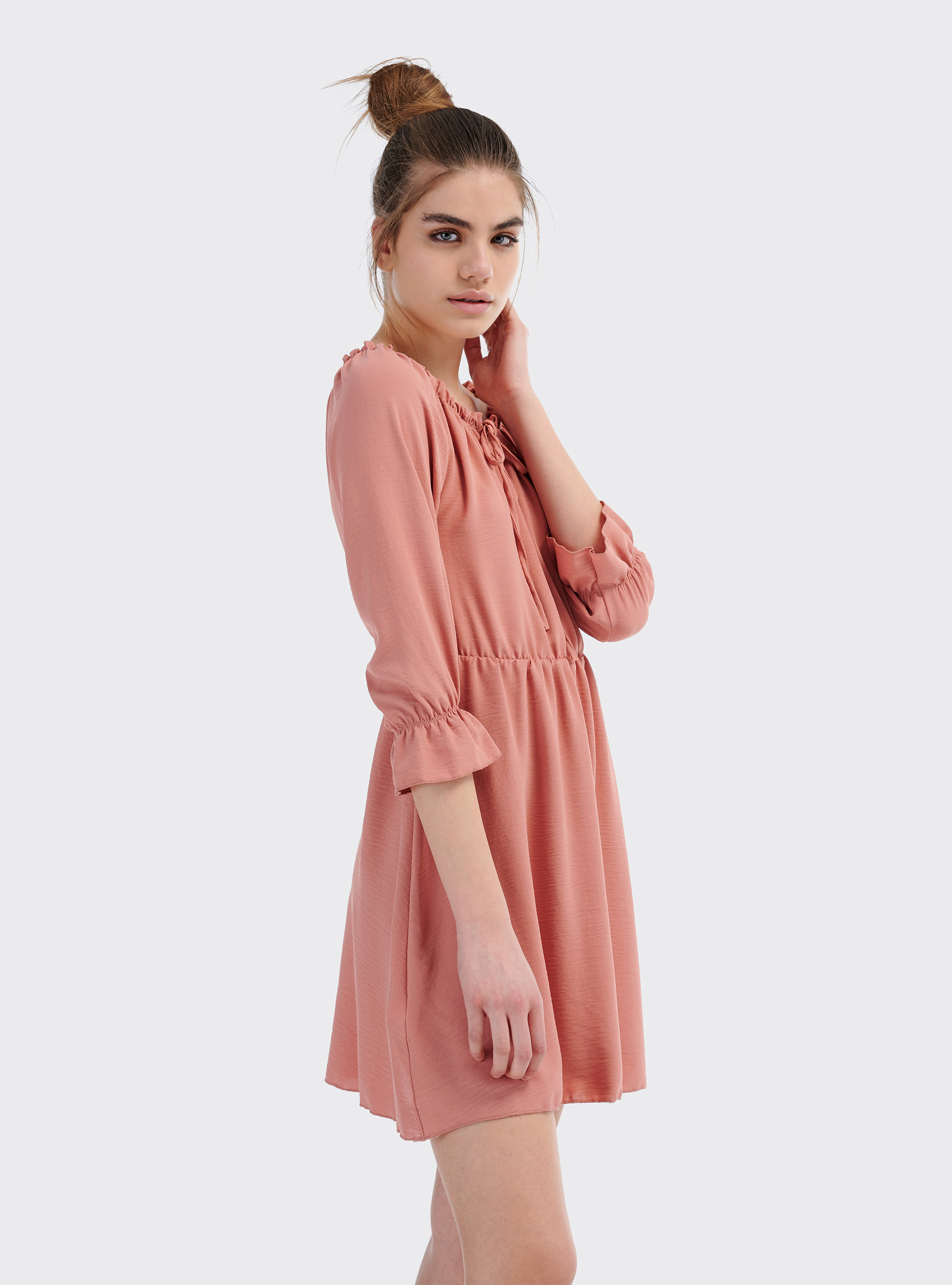 Vestito scollo bardot con elastico in vita, ROSA