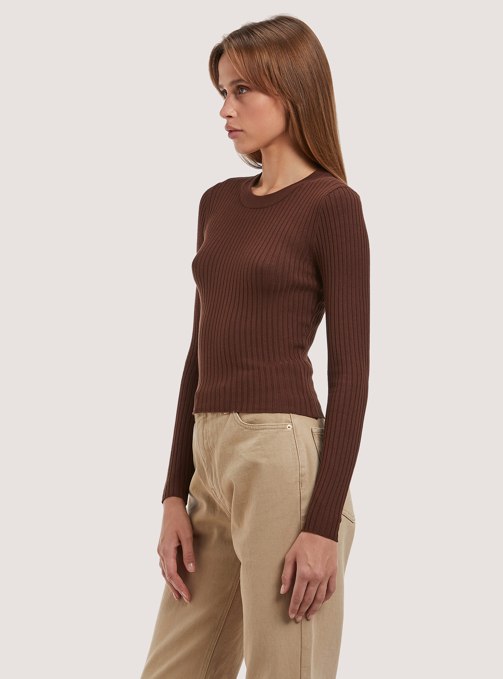 Soft cropped ribbed stretch pullover, BR2 BROWN MEDIUM