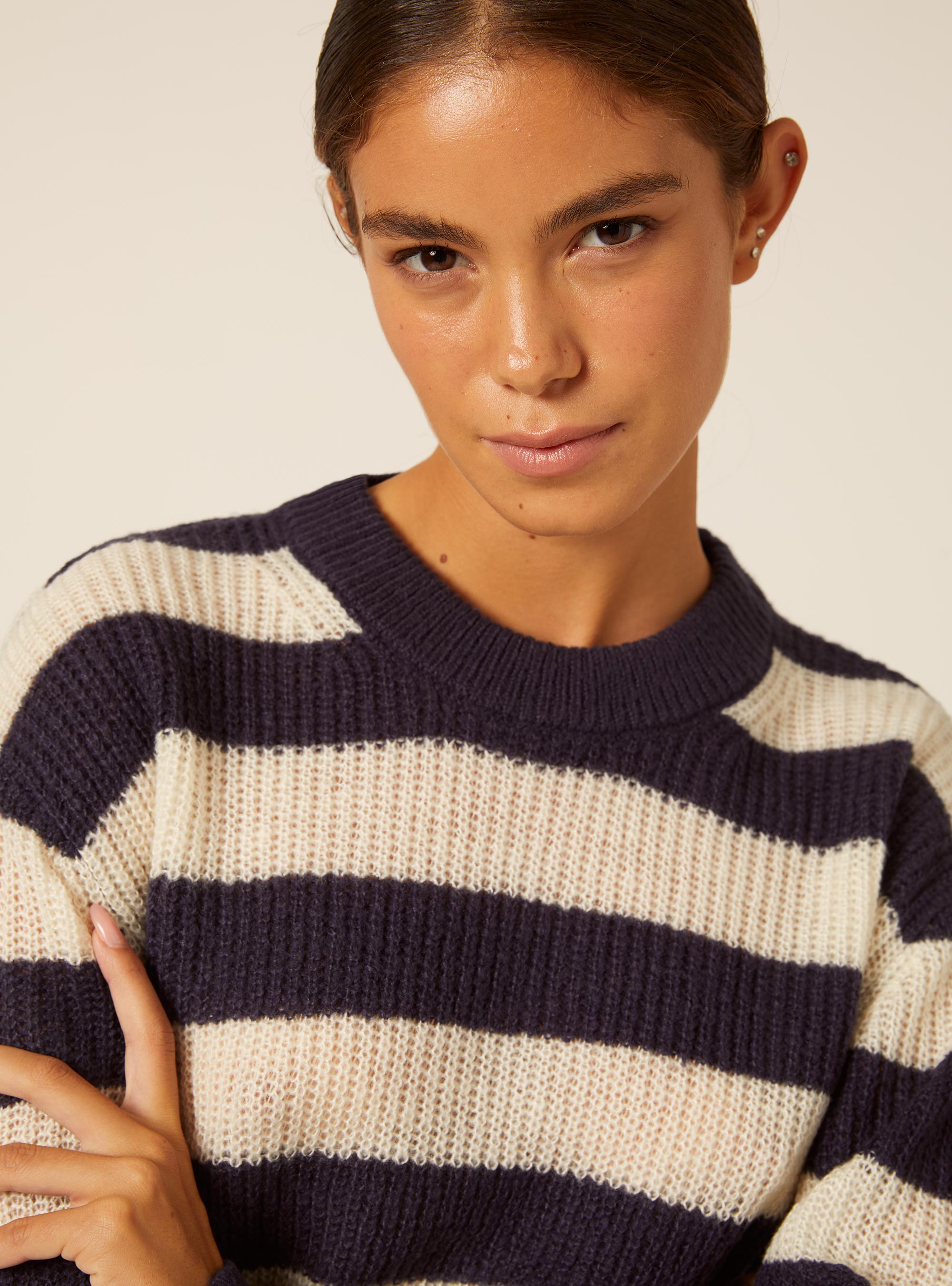 Pullover girocollo a righe, NA2 NAVY MEDIUM