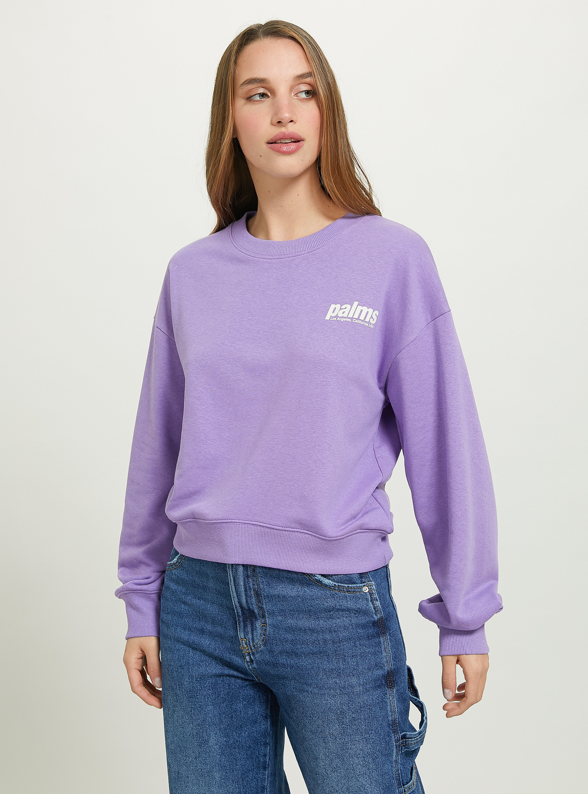 Cropped sweatshirt with lettering print, LC1 LILLAC DARK