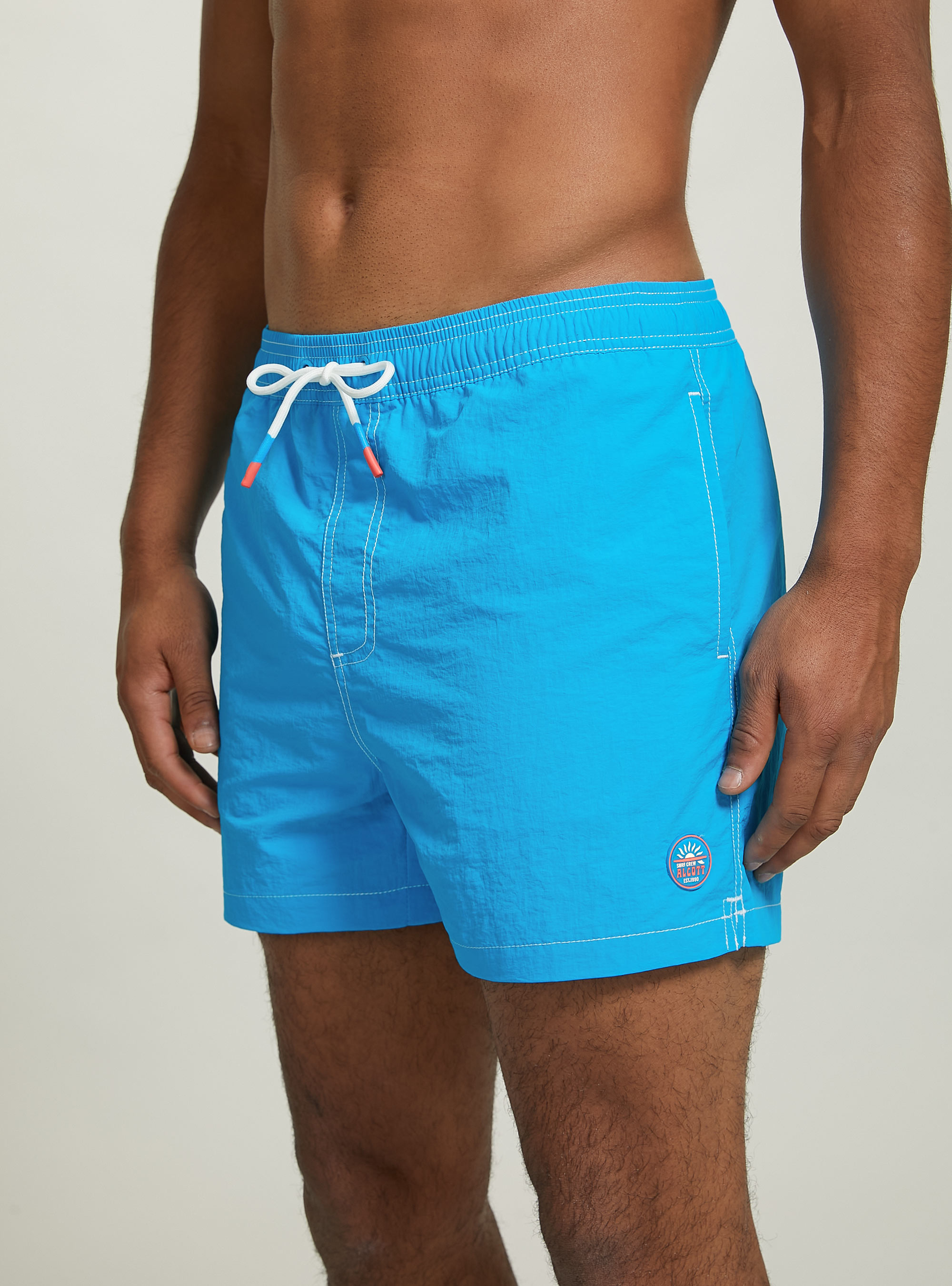 Plain-coloured swimming costume with embroidery and back pocket, FAZ2 FLUO MEDIUM AZURE