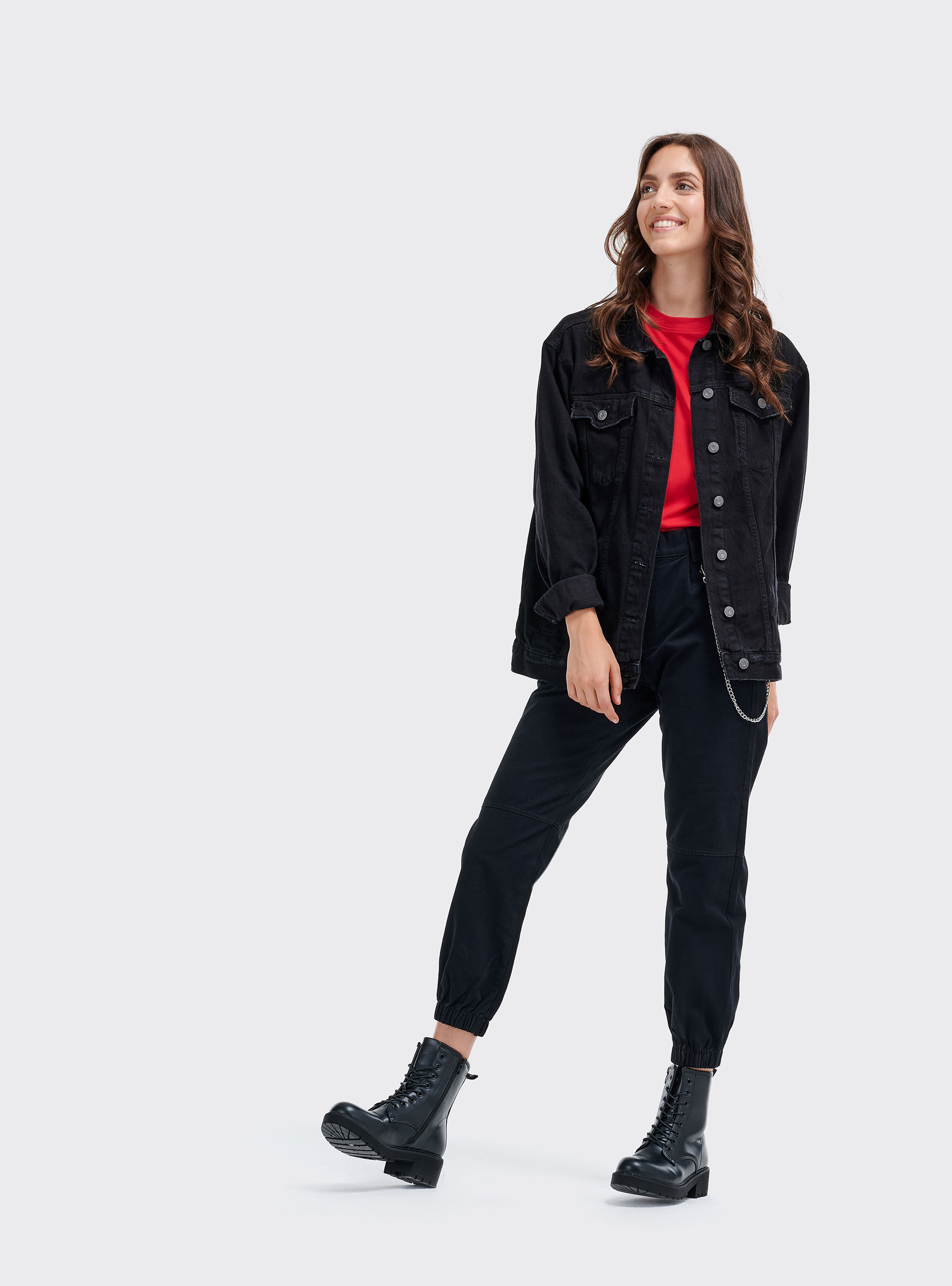 Pantaloni utility con catena laterale ed elastico alle caviglie, NERO