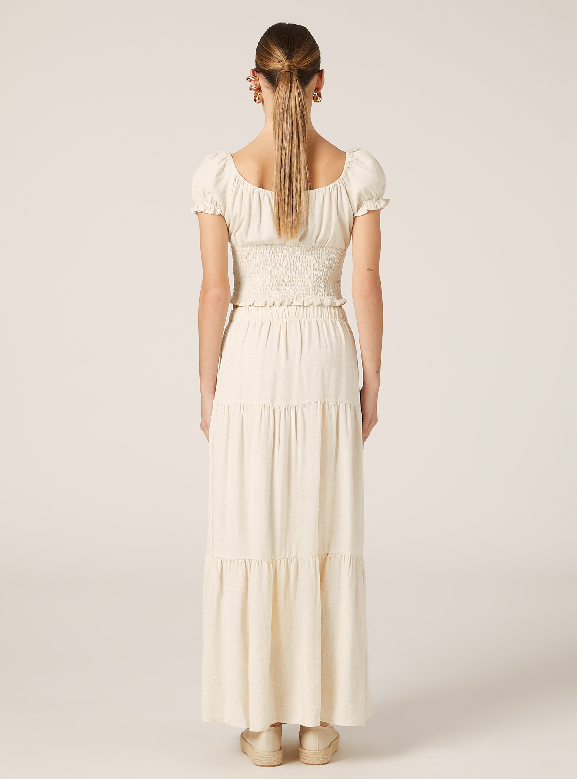 Jupe midi à volants en lin mélangé, MBG3 BEIGE MEL LIGHT