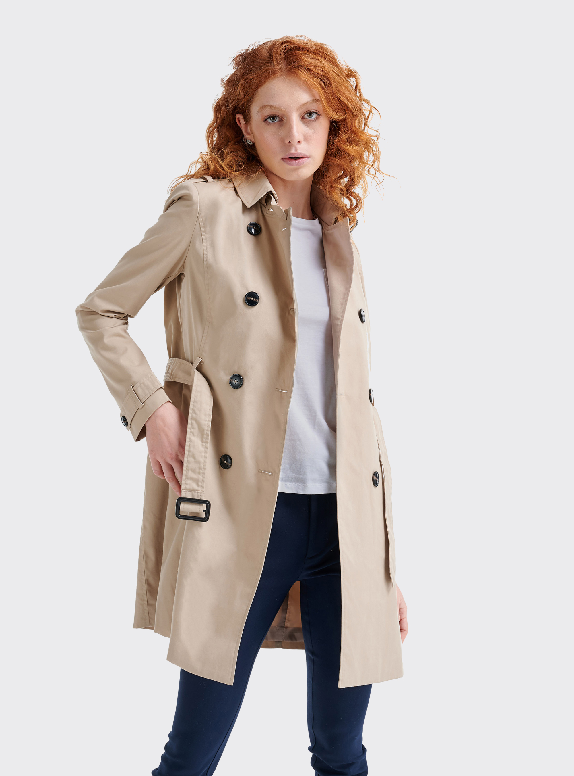 Trench long avec ceinture, C581 BEIGE