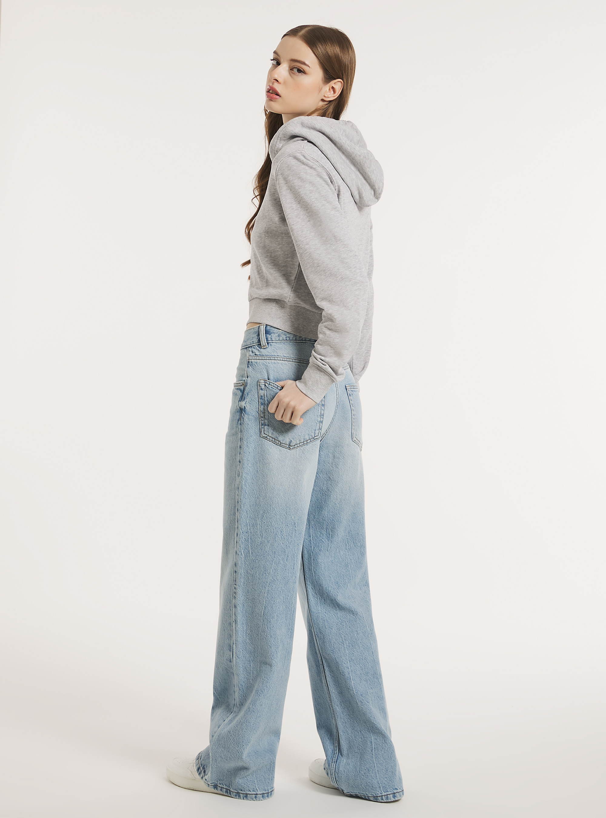 Cropped sweatshirt with zip and hood, MGY3 GREY MEL LIGHT