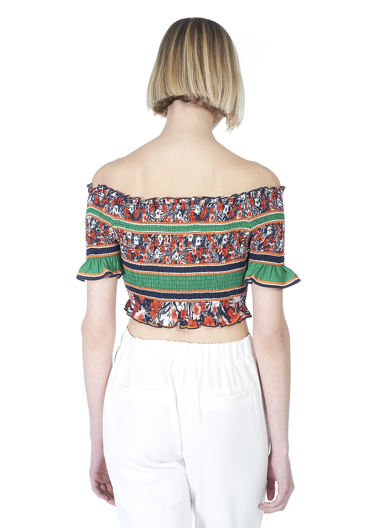 Top cropped con arricciatura scollo bardot e stampa colorata, MULTICOLOR