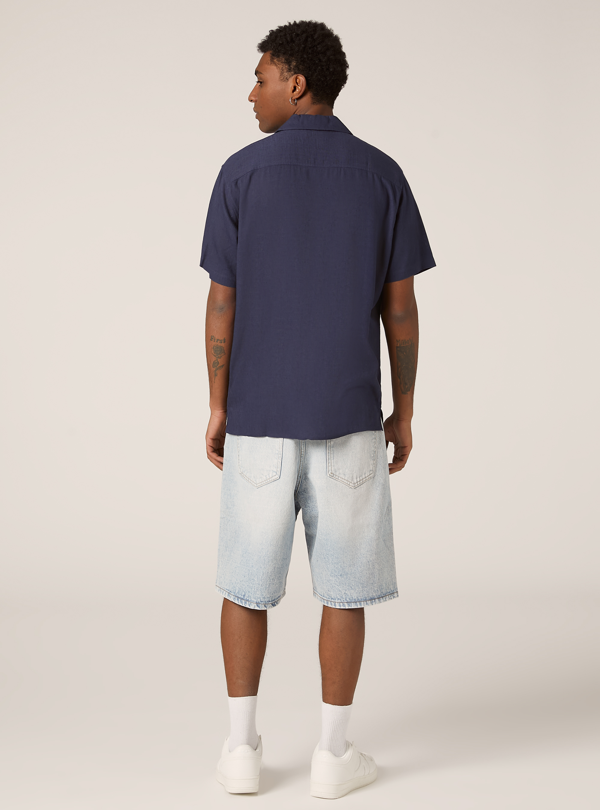 Chemise en lin mélangé avec col bowling, BL2 BLUE MEDIUM