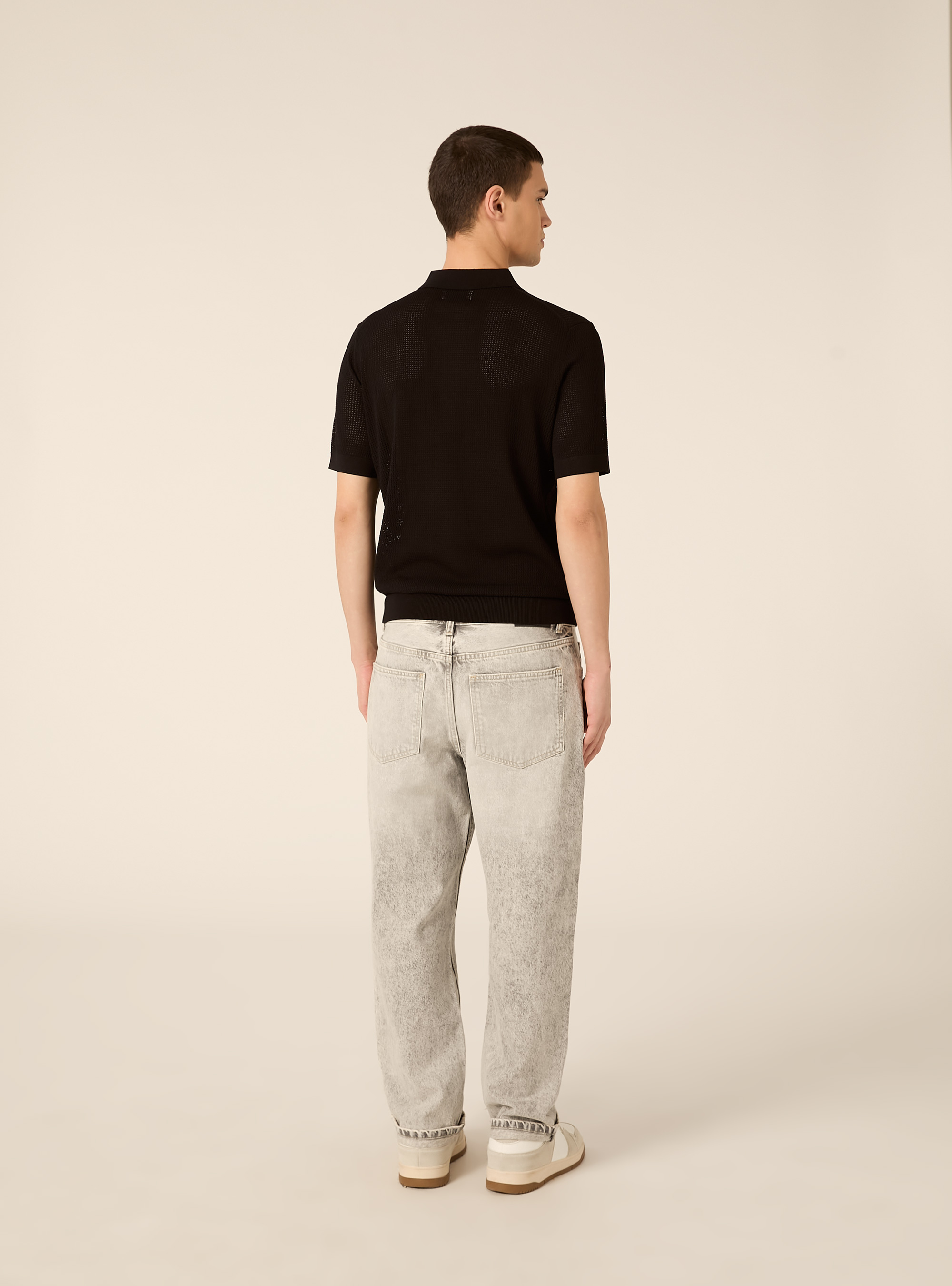 Maglia polo in crochet in misto viscosa, BK1 BLACK