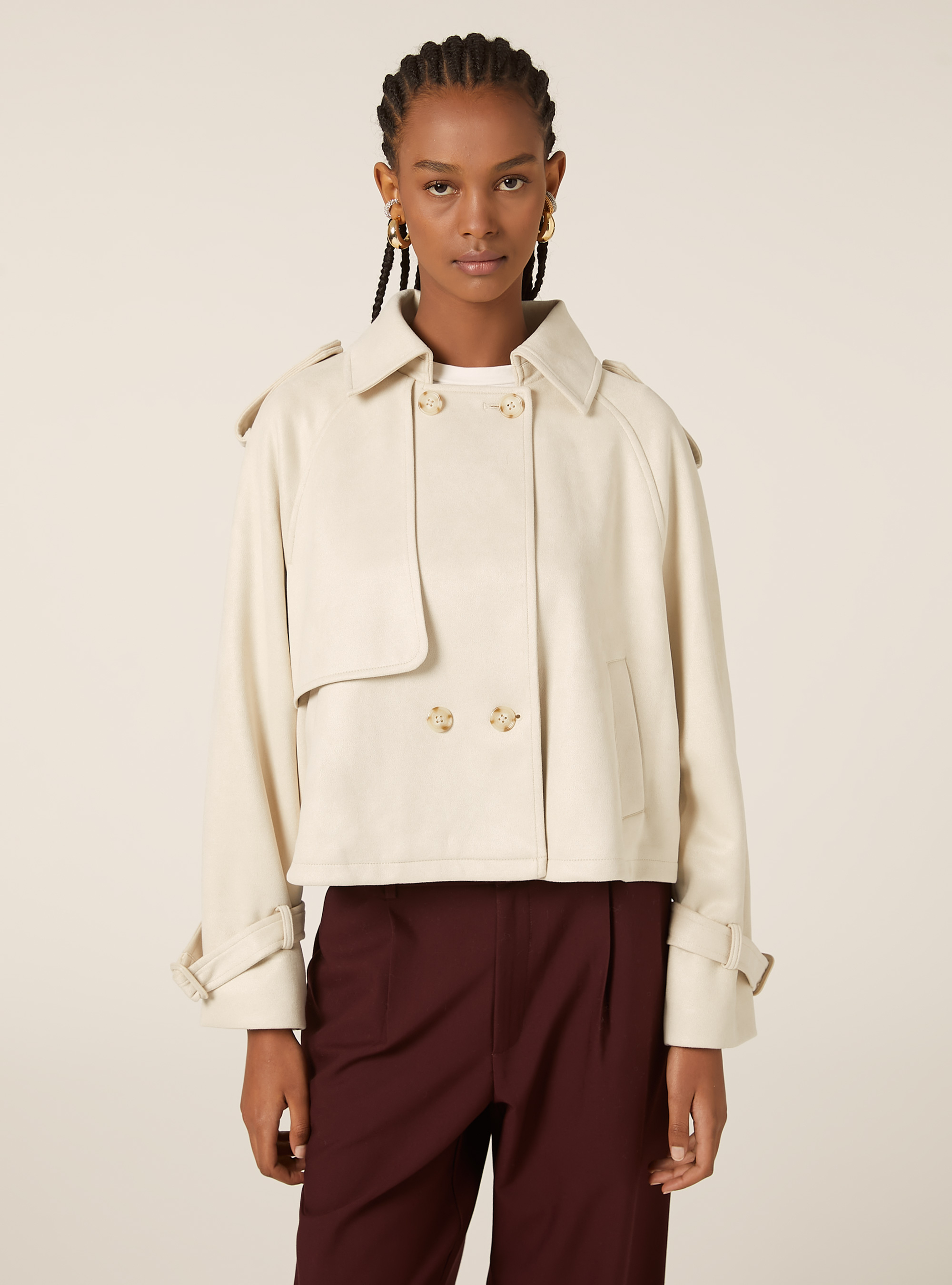 Cropped suede-effect trench coat, SA2 SAND MEDIUM