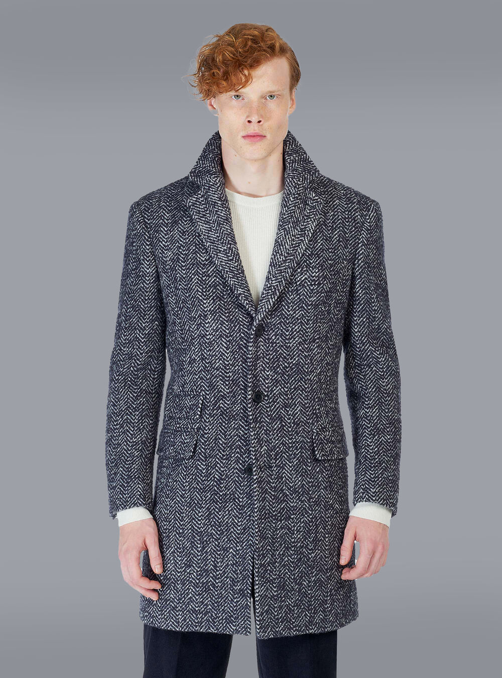 Cappotto spigato misto lana, BLU