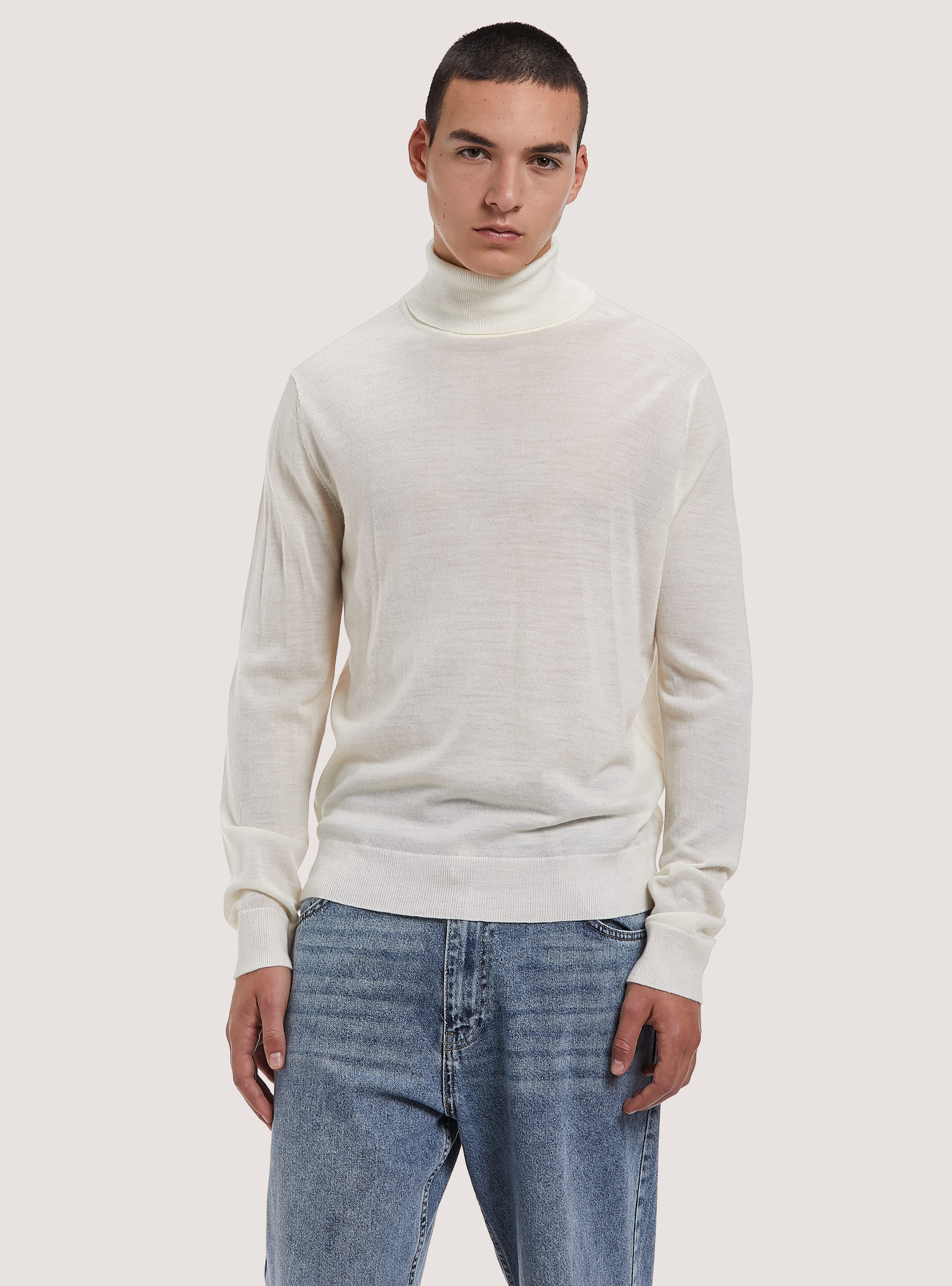 Pullover collo alto  100%  lana merinos, WHITE