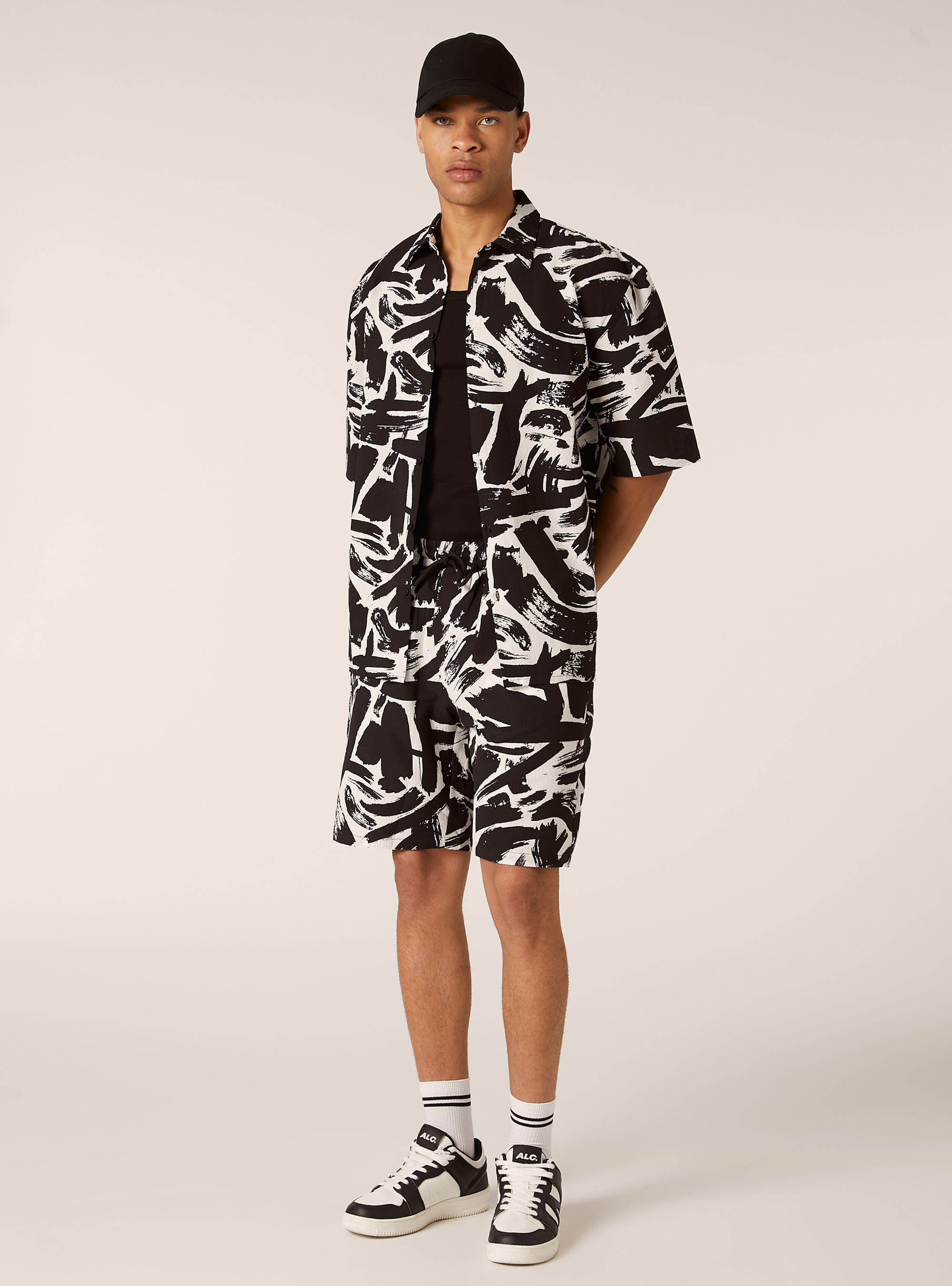 Bermuda imprim&eacute; seersuker, BK1 BLACK