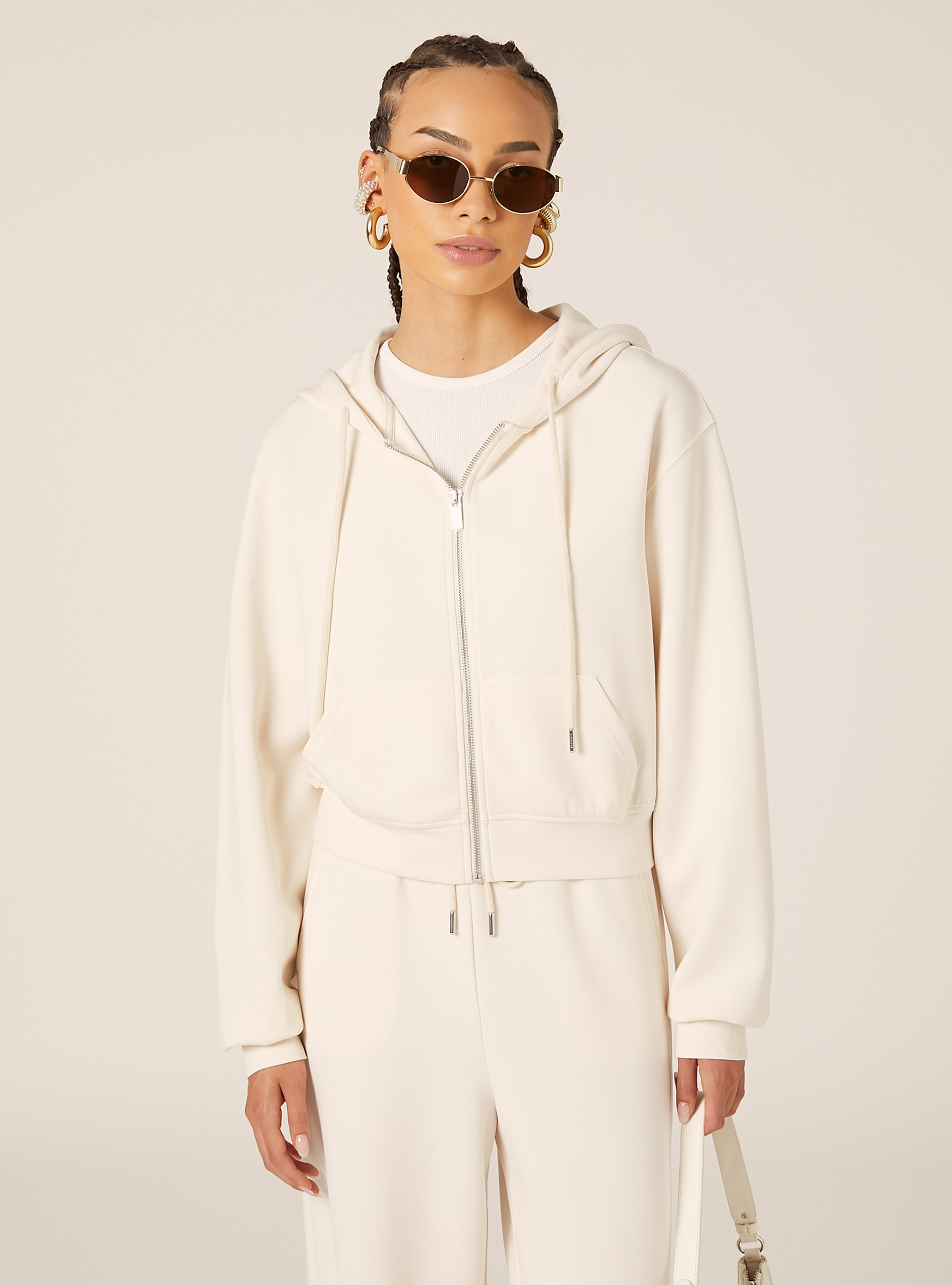 Sweat-shirt zippé court au toucher doux, CR3 CREAM LIGHT